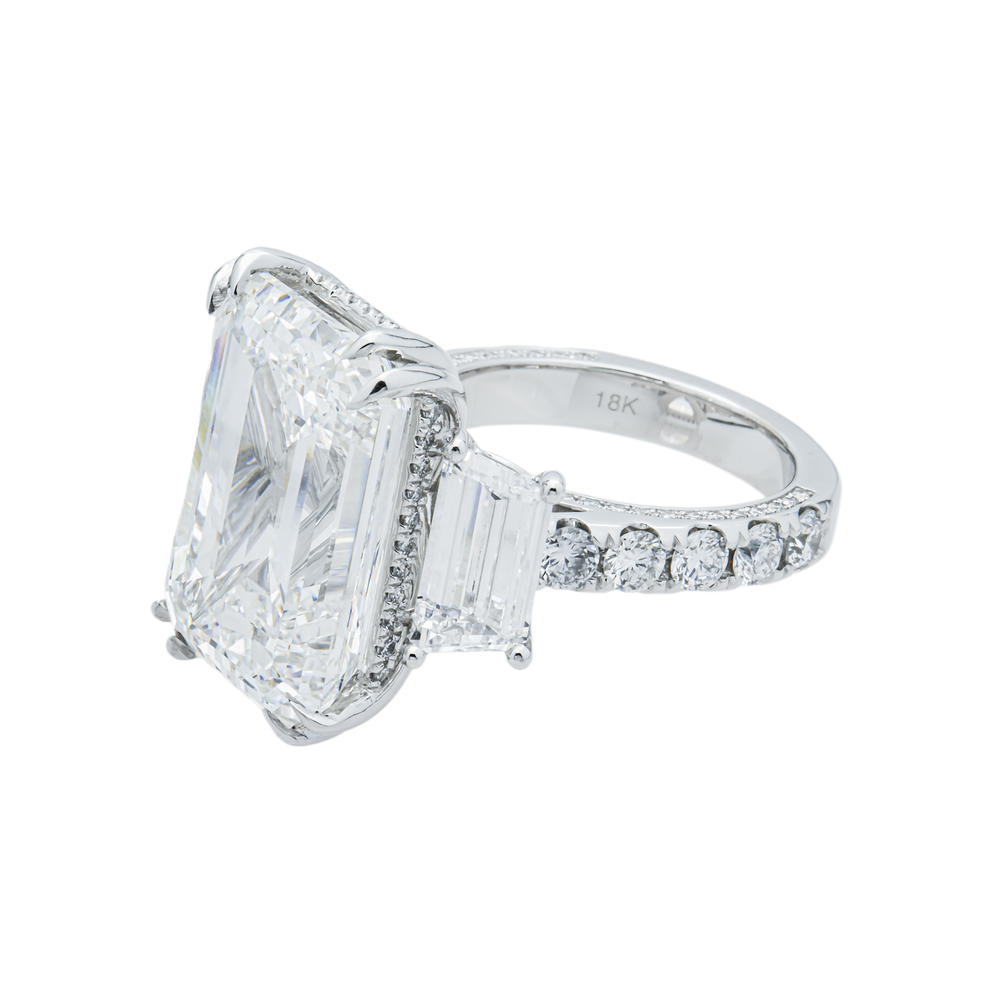18K White Gold 18.19ct Emerald Triple Diamond Engagement Ring 23.19ctw
