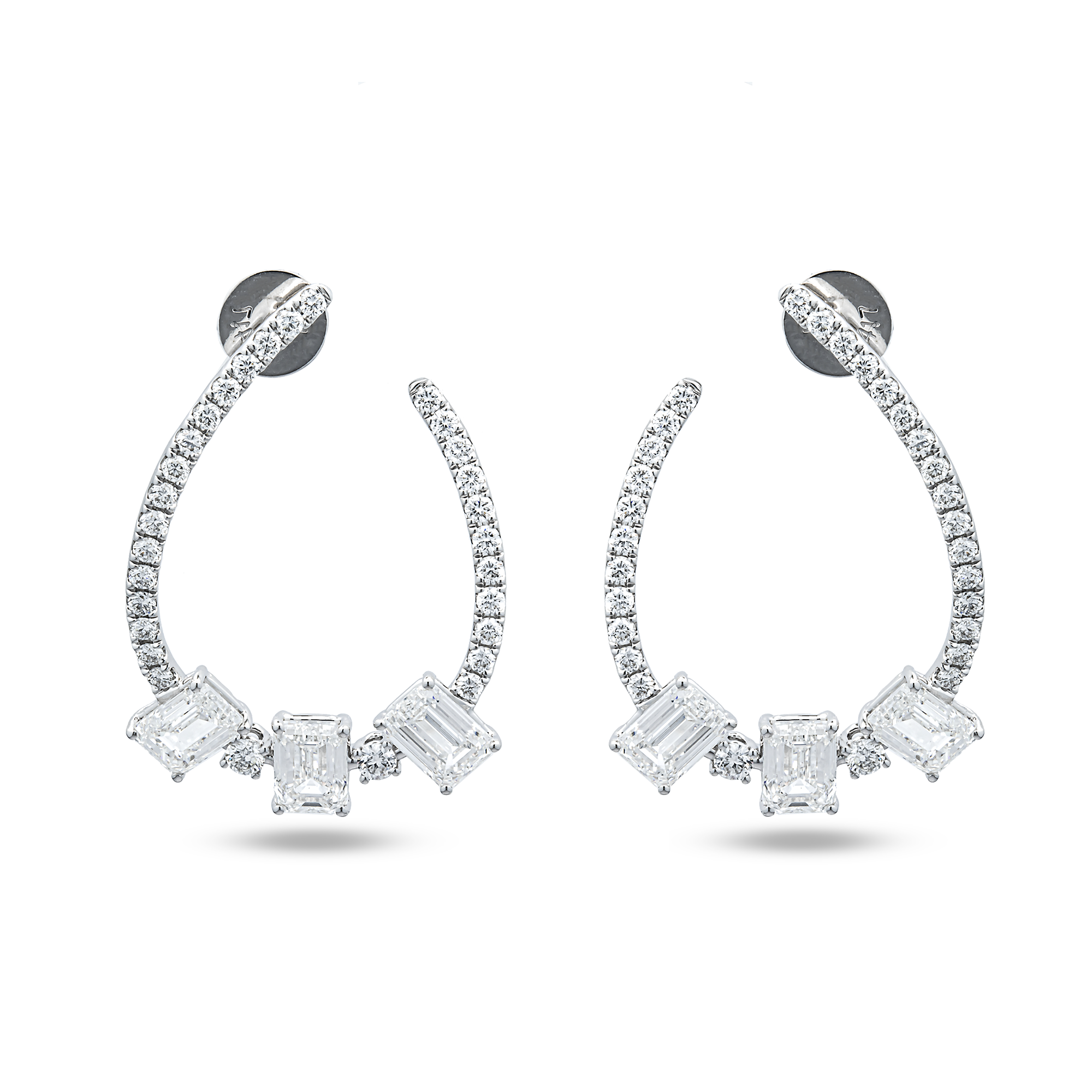 White Gold Emerald & Round Diamond Open Hoop Earrings 6.00ctw