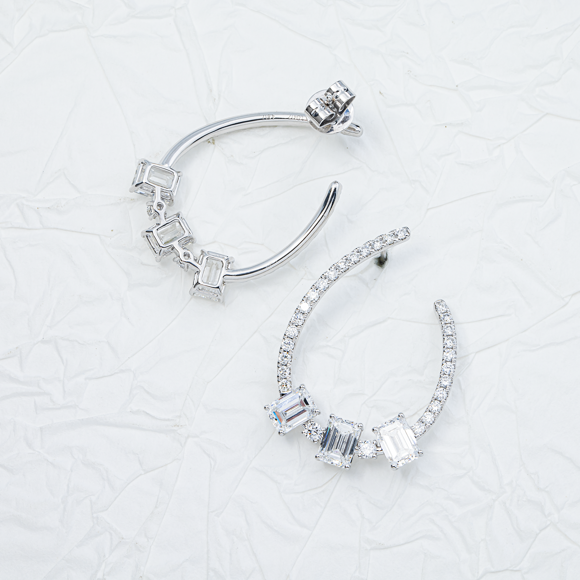 White Gold Emerald & Round Diamond Open Hoop Earrings 6.00ctw