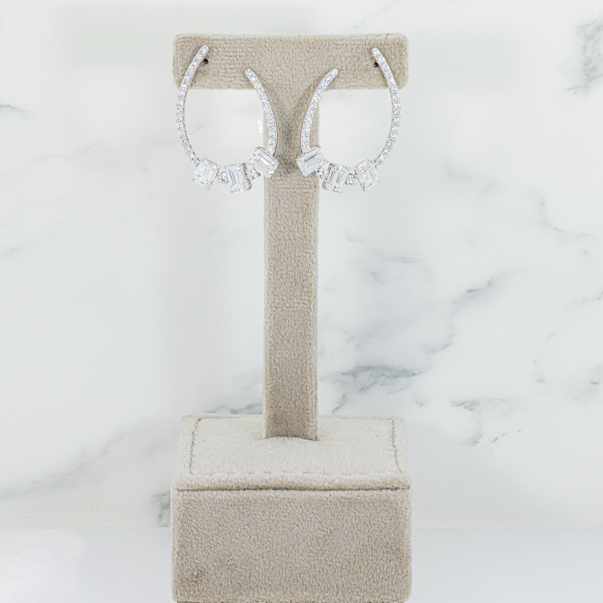 White Gold Emerald & Round Diamond Open Hoop Earrings 6.00ctw