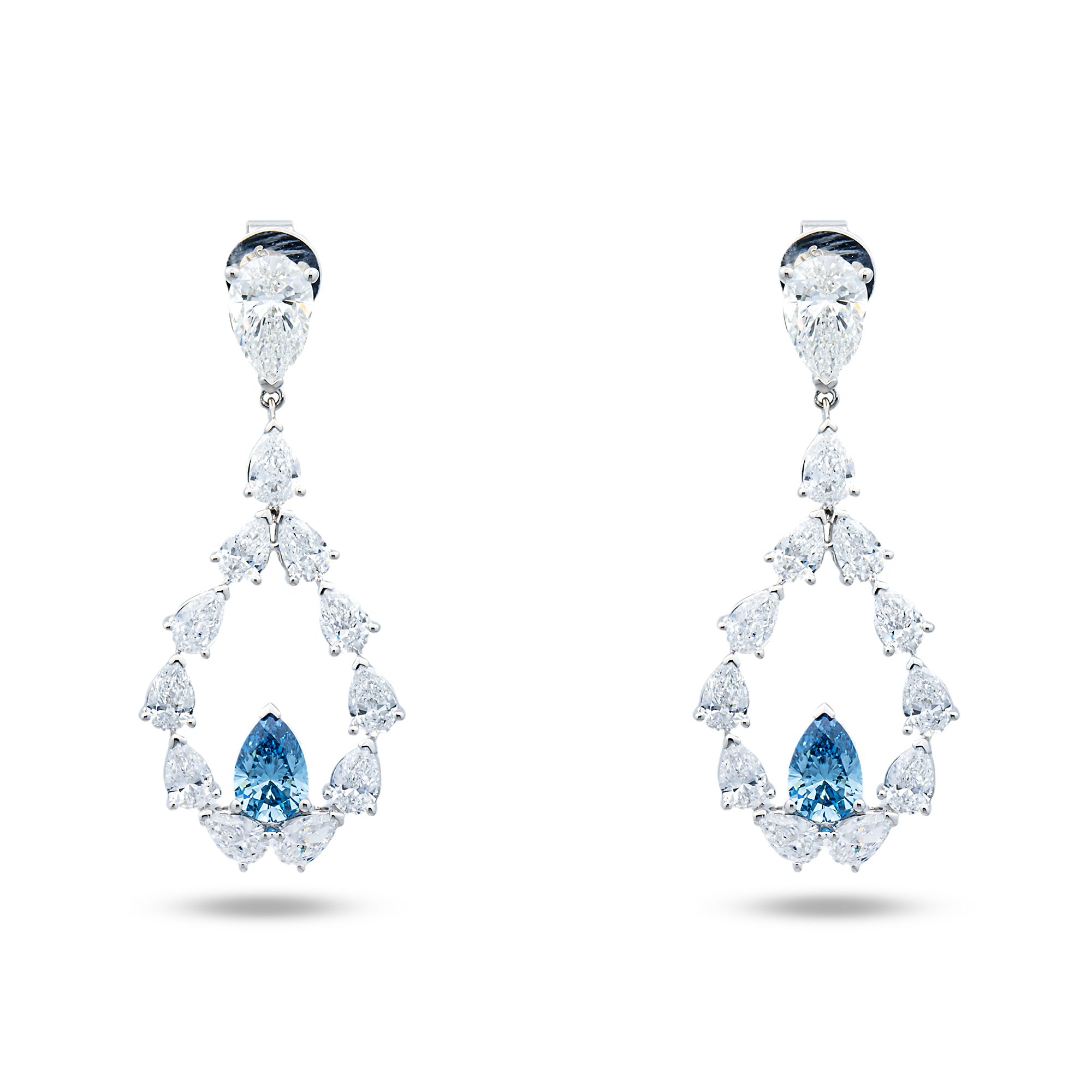 White Gold Pear Fancy Blue & White Diamond Drop Earrings 5.67ctw