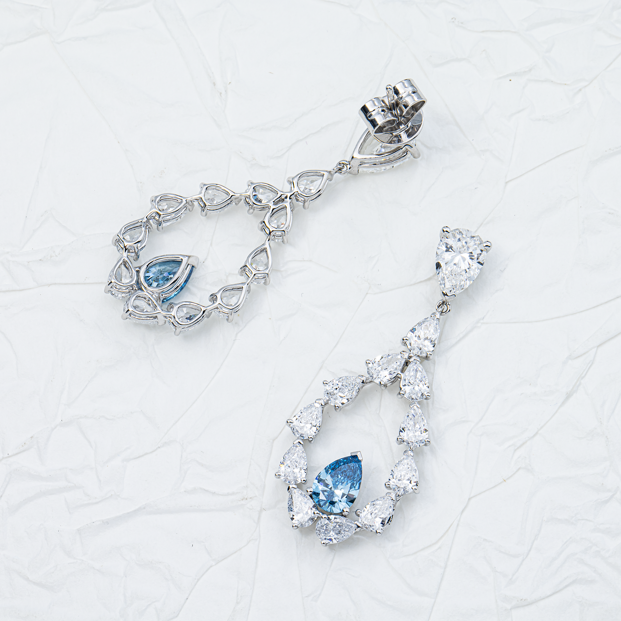 White Gold Pear Fancy Blue & White Diamond Drop Earrings 5.67ctw