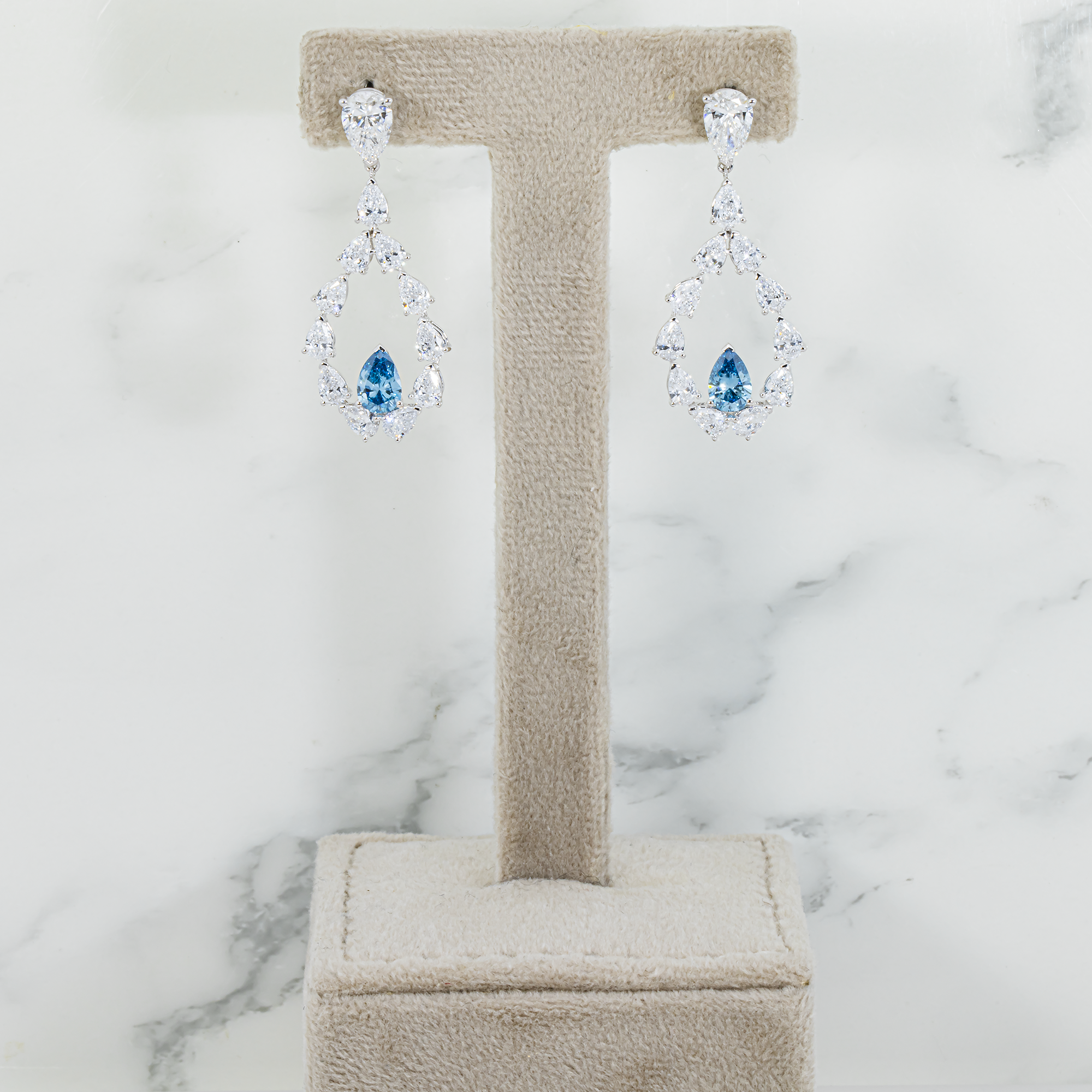 White Gold Pear Fancy Blue & White Diamond Drop Earrings 5.67ctw