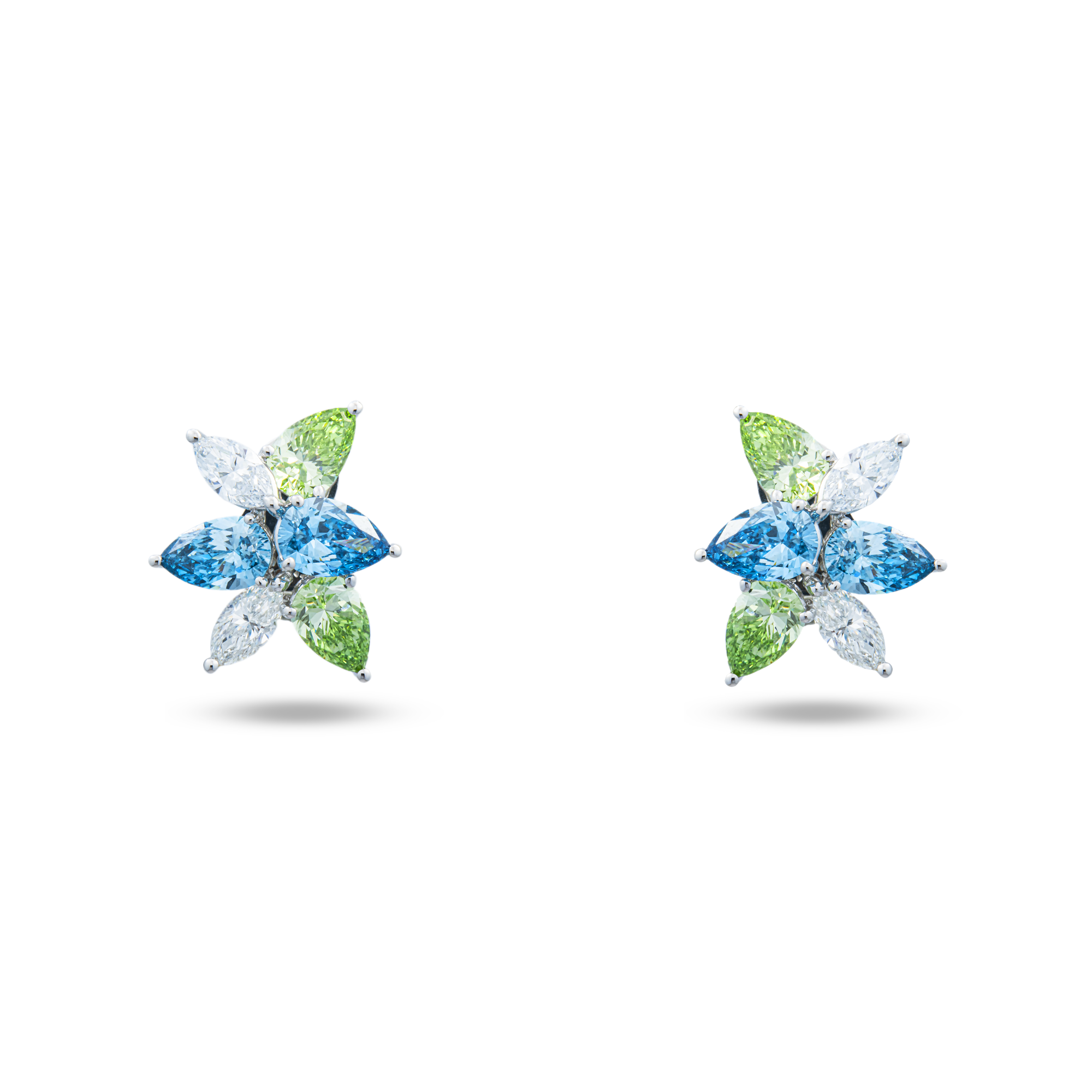 White Gold Fancy Blue & Green Diamond Ocean Garden Stud Earrings 5.11ctw