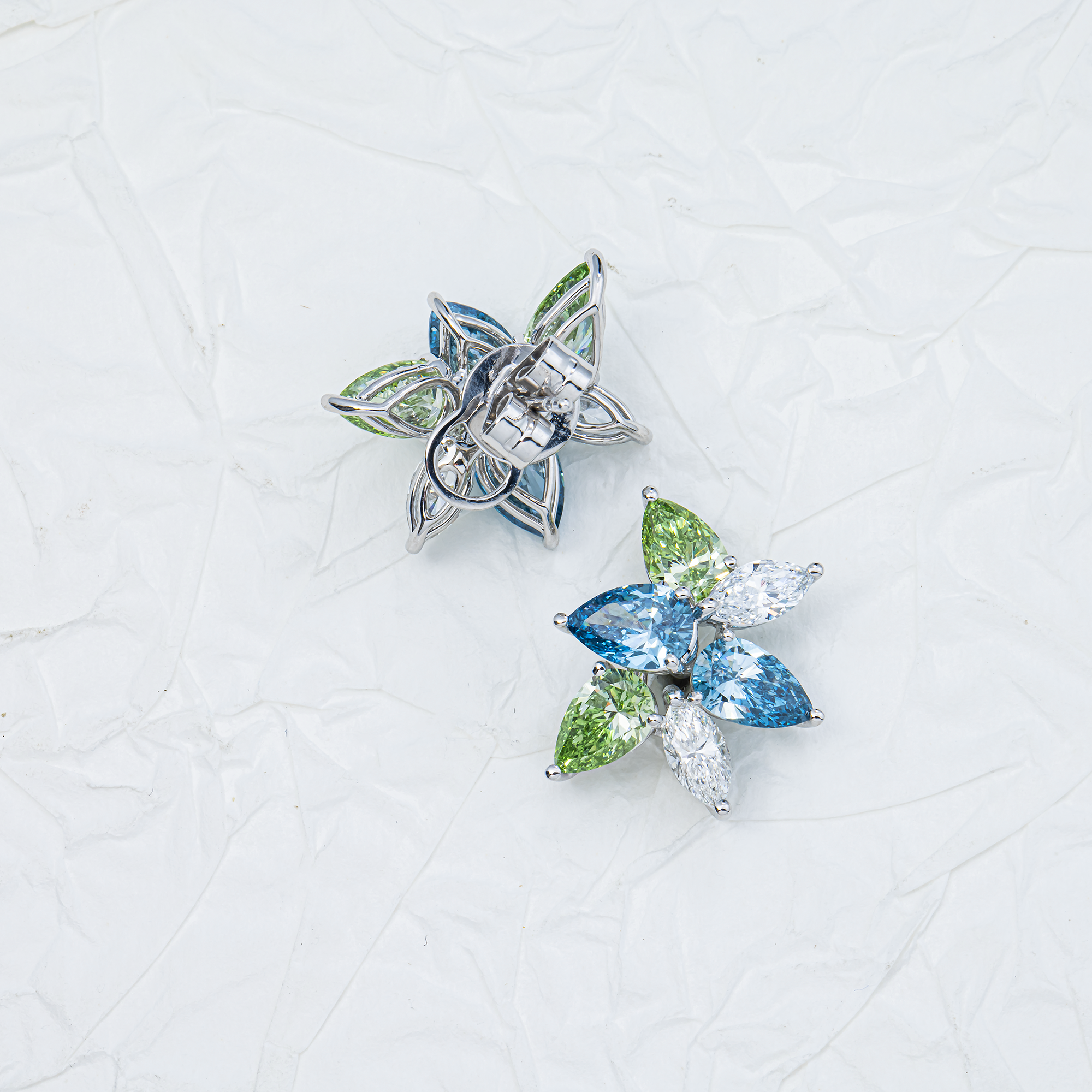 White Gold Fancy Blue & Green Diamond Ocean Garden Stud Earrings 5.11ctw