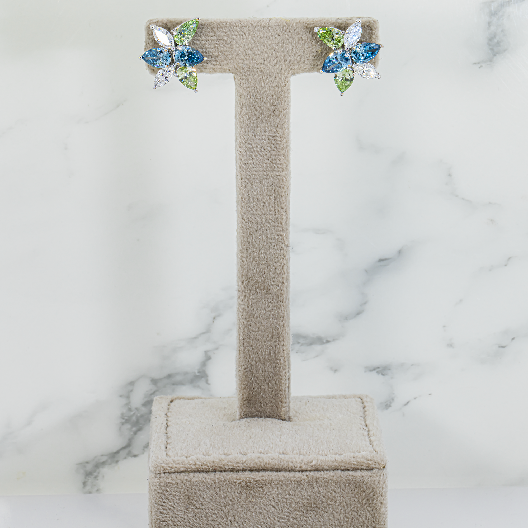 White Gold Fancy Blue & Green Diamond Ocean Garden Stud Earrings 5.11ctw