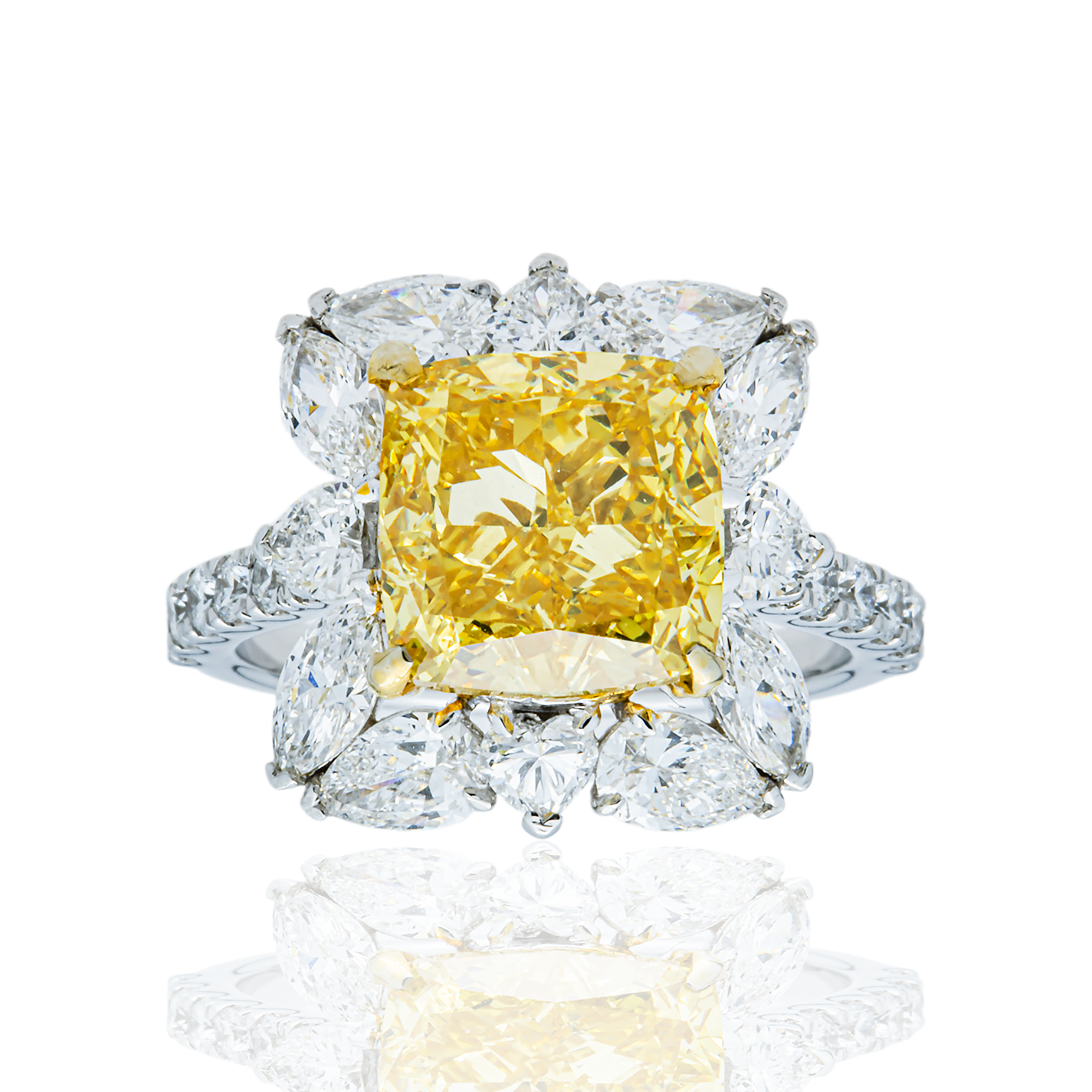 14K White Gold 5.0ct Cushion Fancy Yellow Diamond Ring 7.03ctw