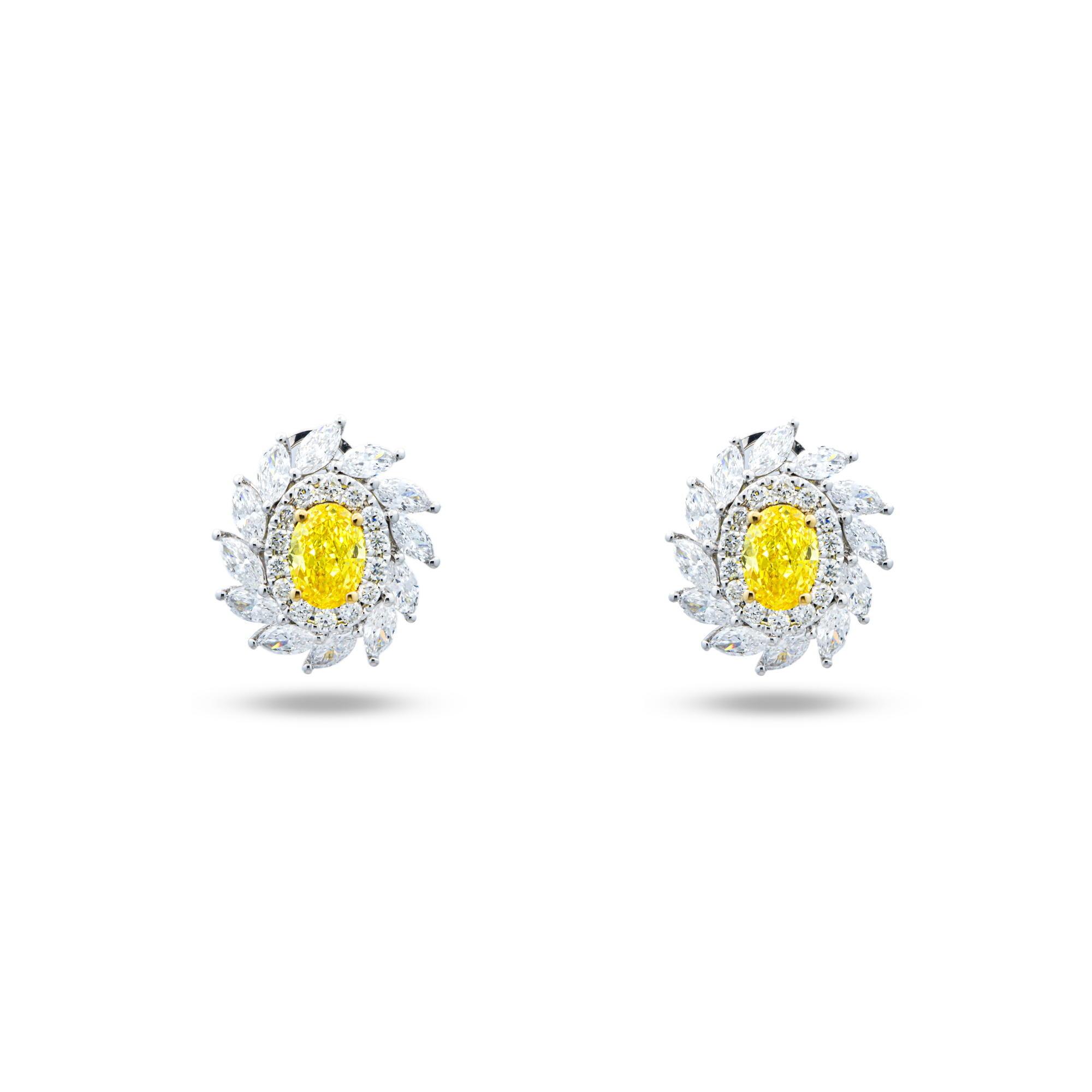 White Gold Oval Fancy Yellow & White Diamond Stud Earrings 2.64ctw