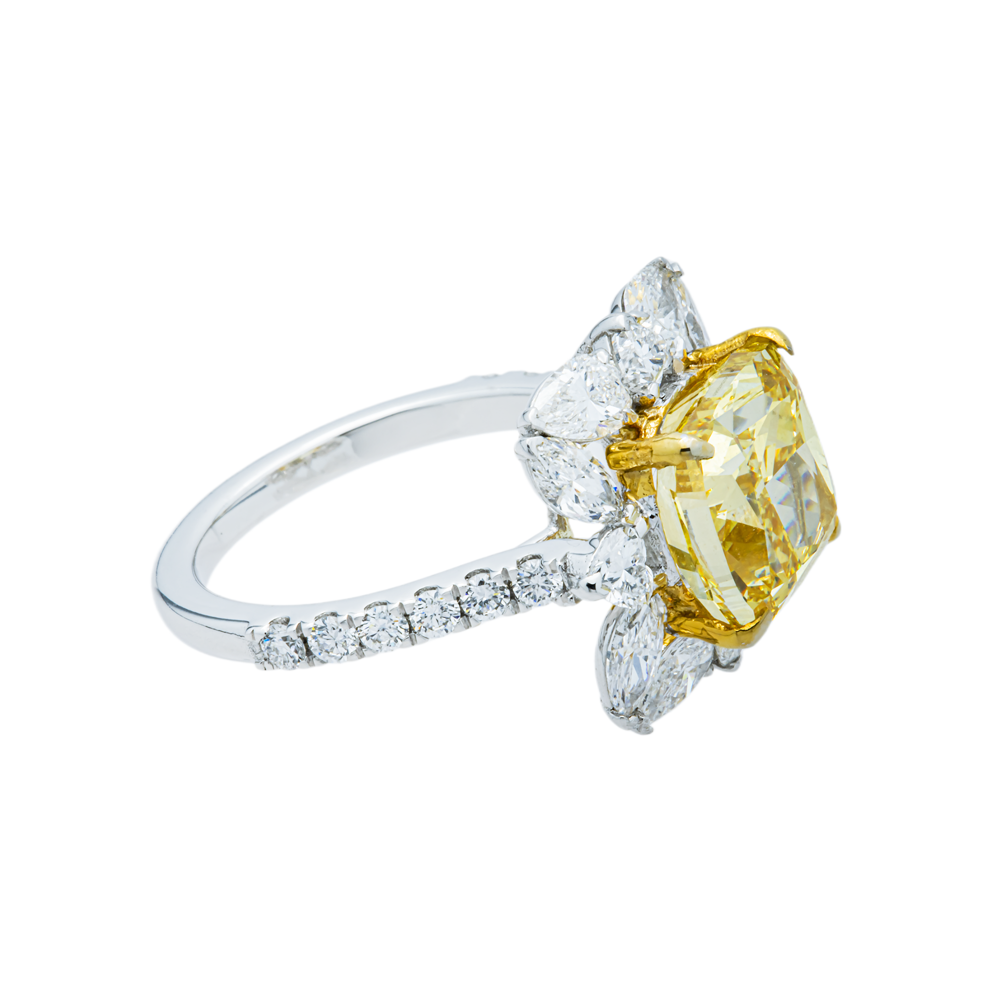 14K White Gold 5.0ct Cushion Fancy Yellow Diamond Ring 7.03ctw
