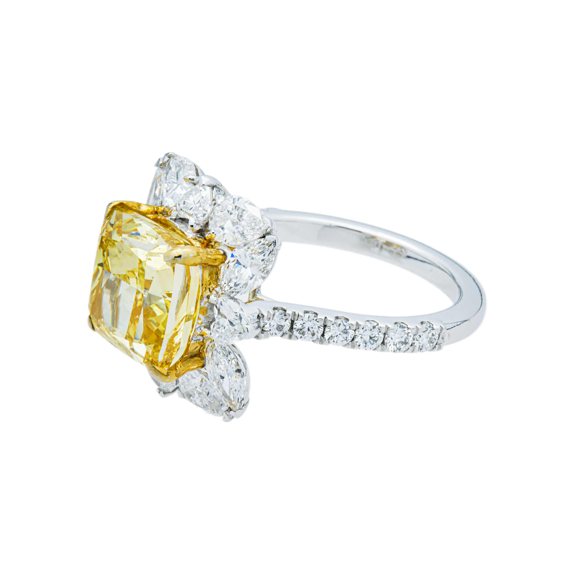 14K White Gold 5.0ct Cushion Fancy Yellow Diamond Ring 7.03ctw