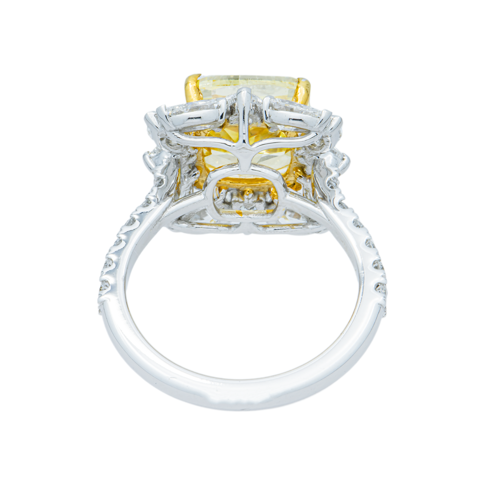 14K White Gold 5.0ct Cushion Fancy Yellow Diamond Ring 7.03ctw