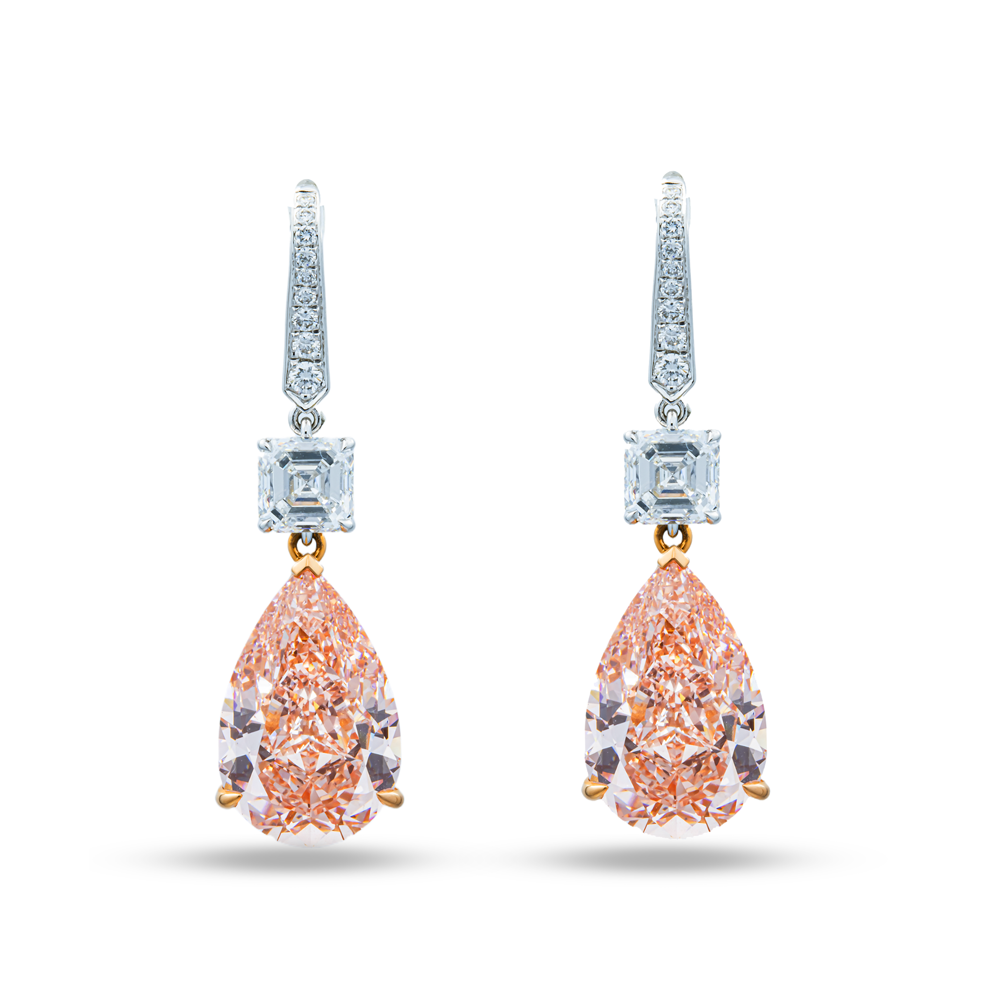 IGI 18K White Gold Fancy Pink Pear & White Asscher Diamond Drop Earrings 15.98ctw
