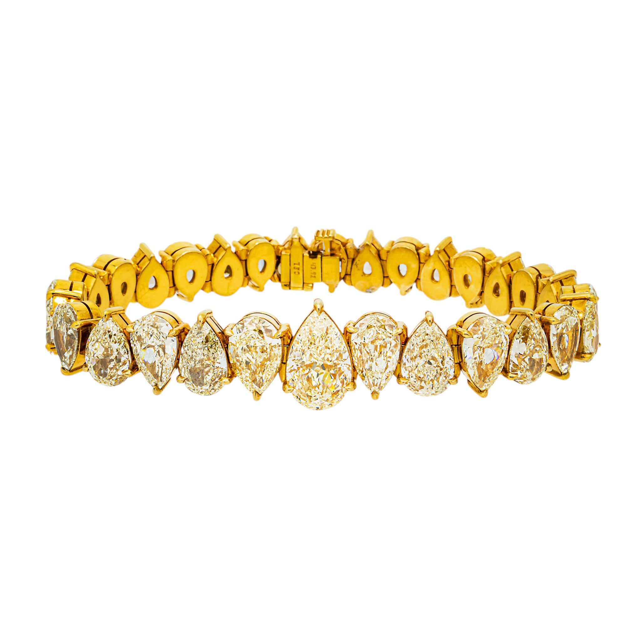 18K Yellow Gold Fancy Yellow Graduated Pear Diamond Tennis Bracelet 43.92ct