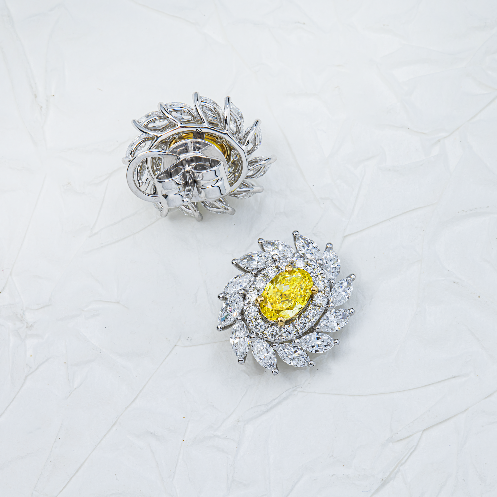 White Gold Oval Fancy Yellow & White Diamond Stud Earrings 2.64ctw