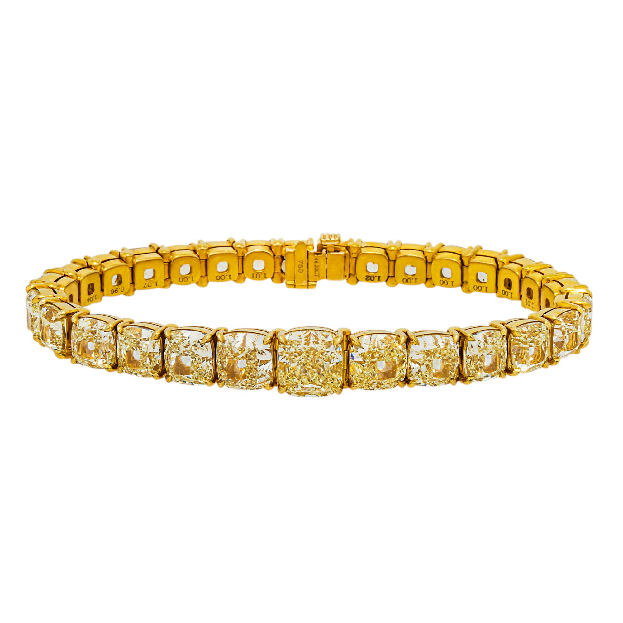 18K Yellow Gold Fancy Yellow Graduated Cushion Diamond Tennis Bracelet 44.33ct