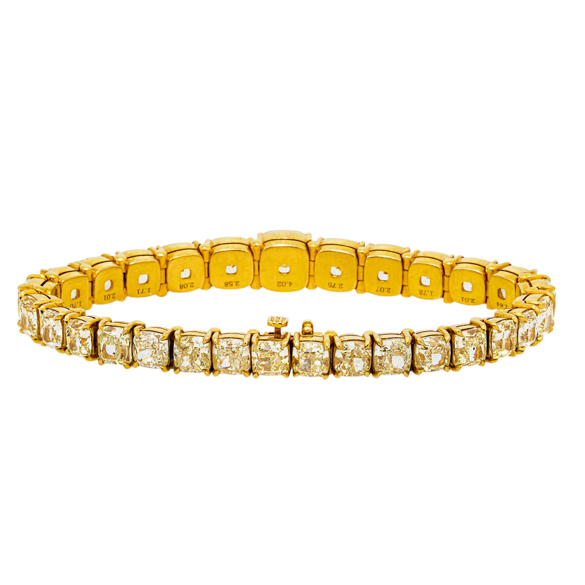 18K Yellow Gold Fancy Yellow Graduated Cushion Diamond Tennis Bracelet 44.33ct