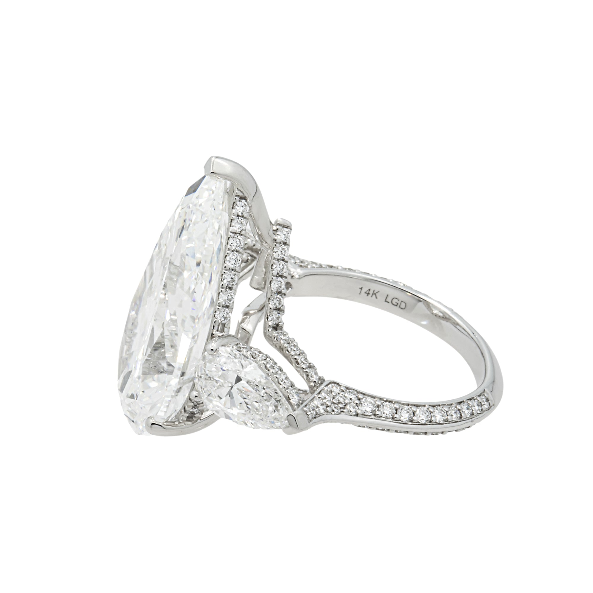 14K White Gold 14.76ct Triple Pear Diamond Engagement Ring 17.96ctw