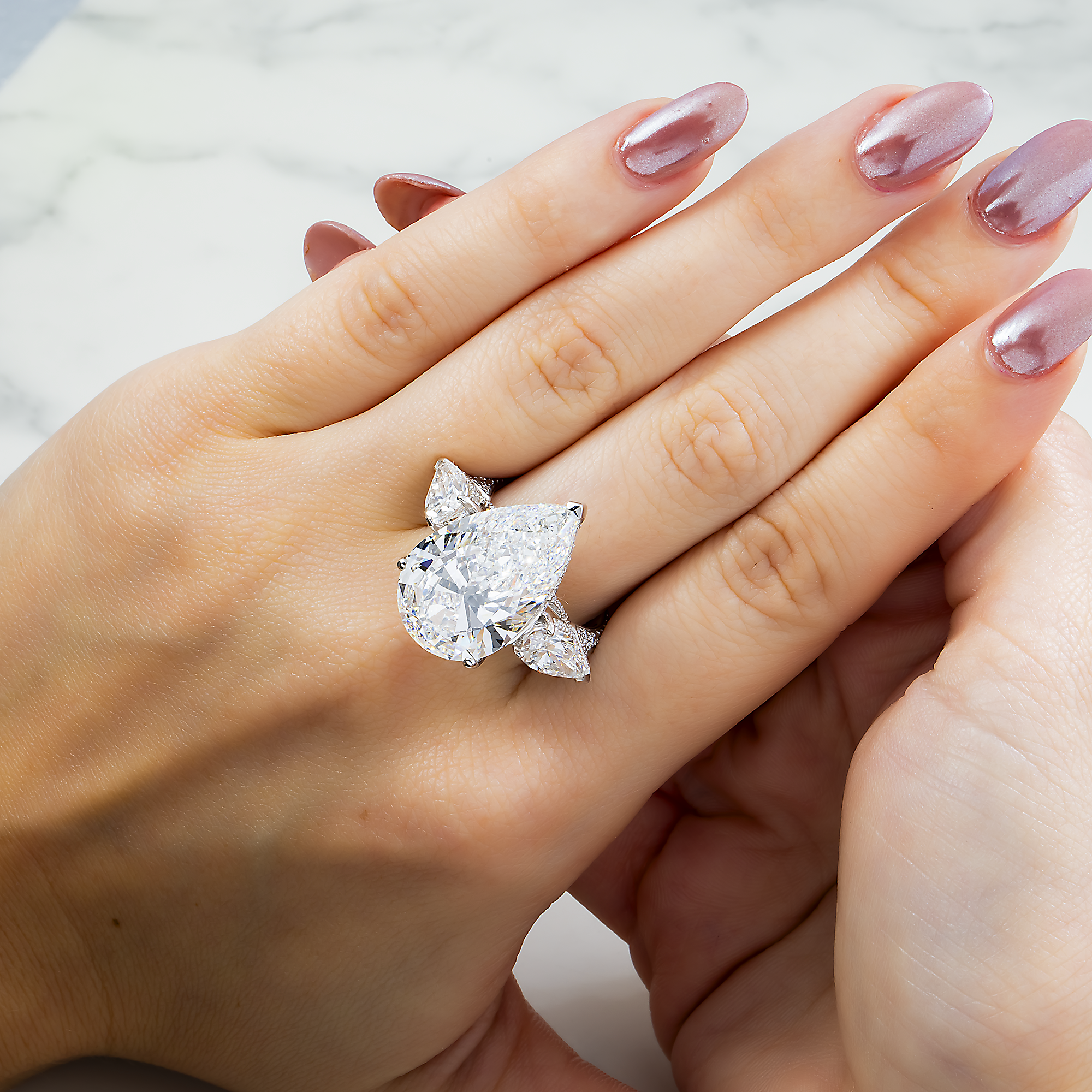 14K White Gold 14.76ct Triple Pear Diamond Engagement Ring 17.96ctw
