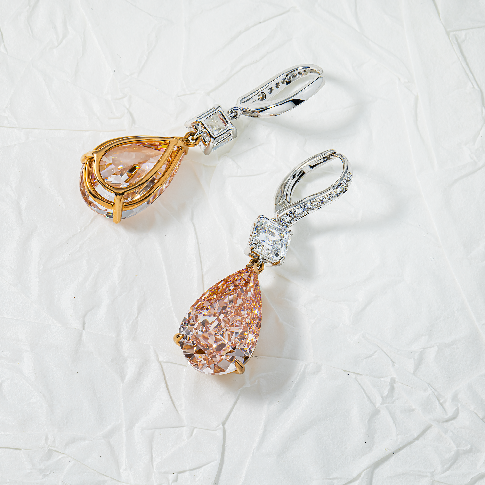 IGI 18K White Gold Fancy Pink Pear & White Asscher Diamond Drop Earrings 15.98ctw