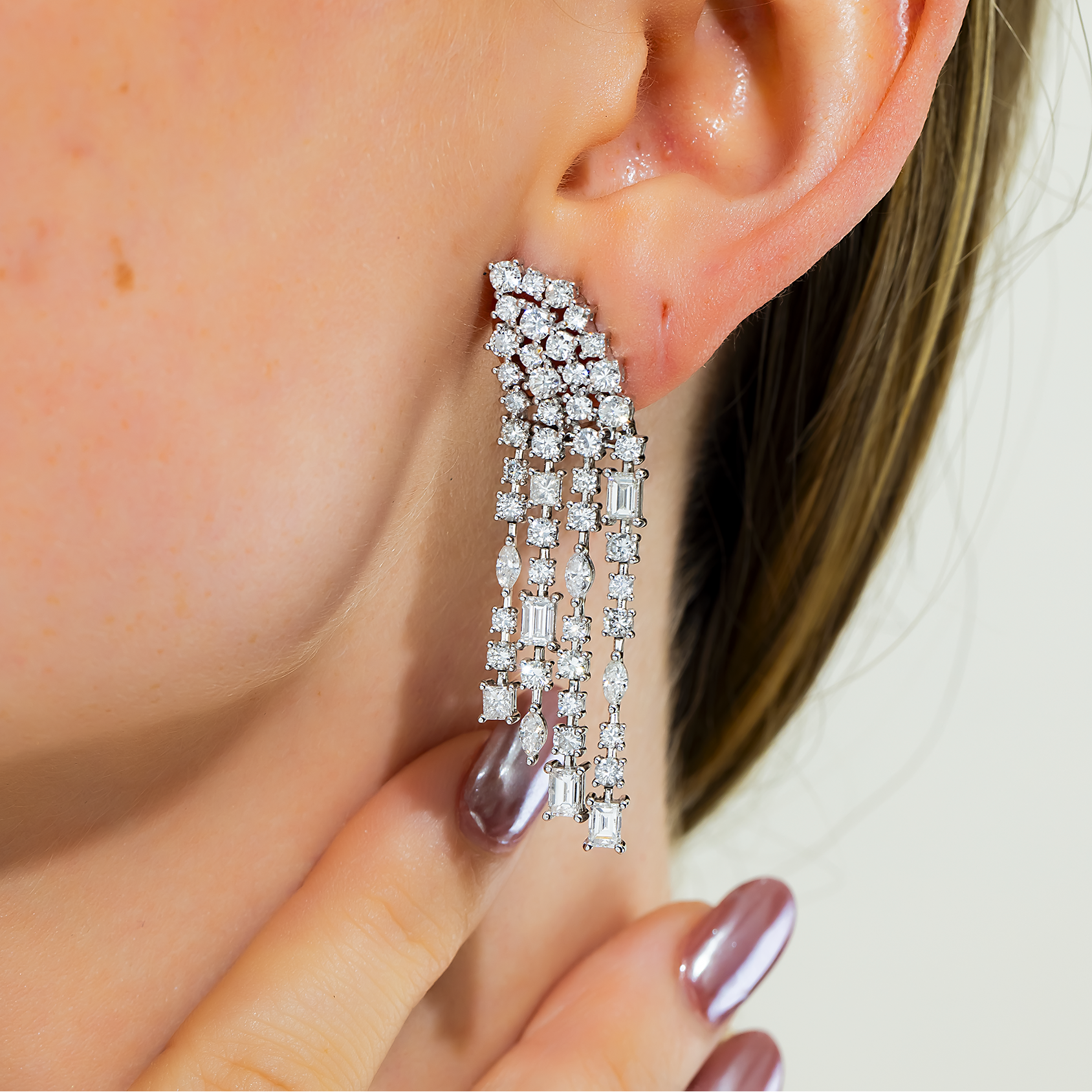 14K White Gold Multi Shape Diamond Drop Earrings 6.74ctw