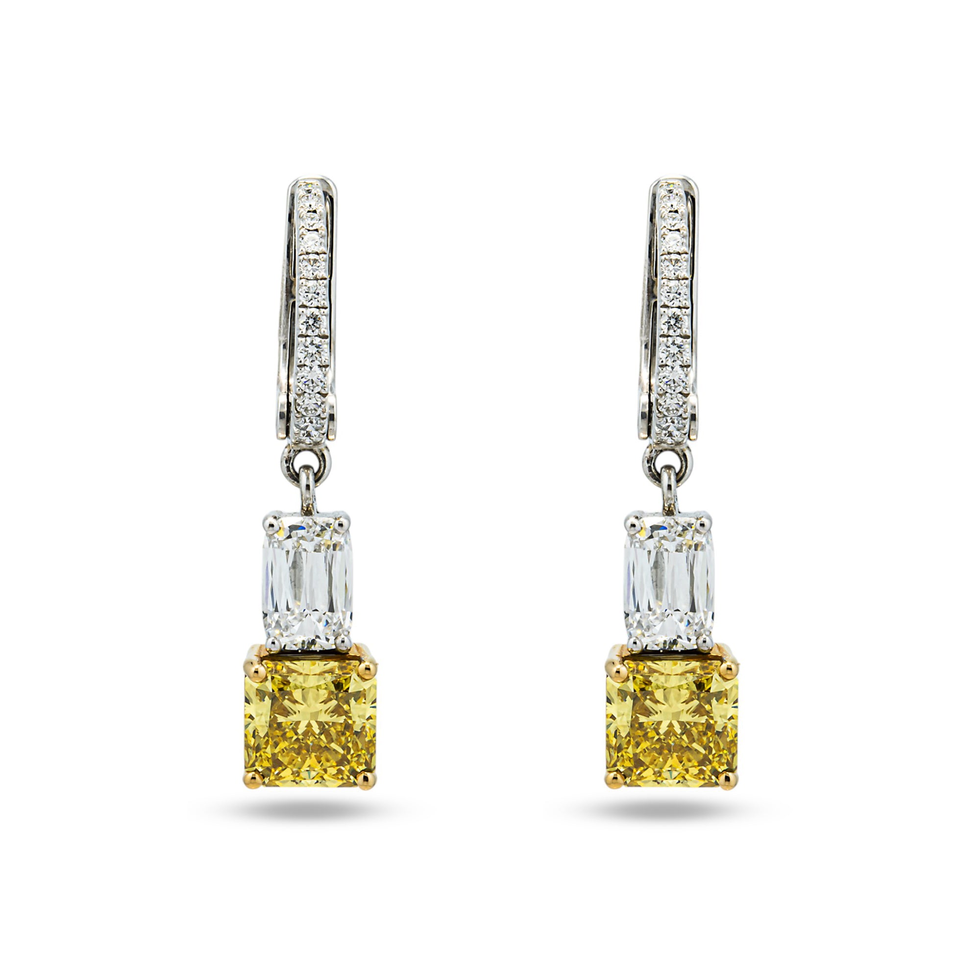 14K White Gold Fancy Yellow & White Diamond Huggie Drop Earrings 9.52ctw