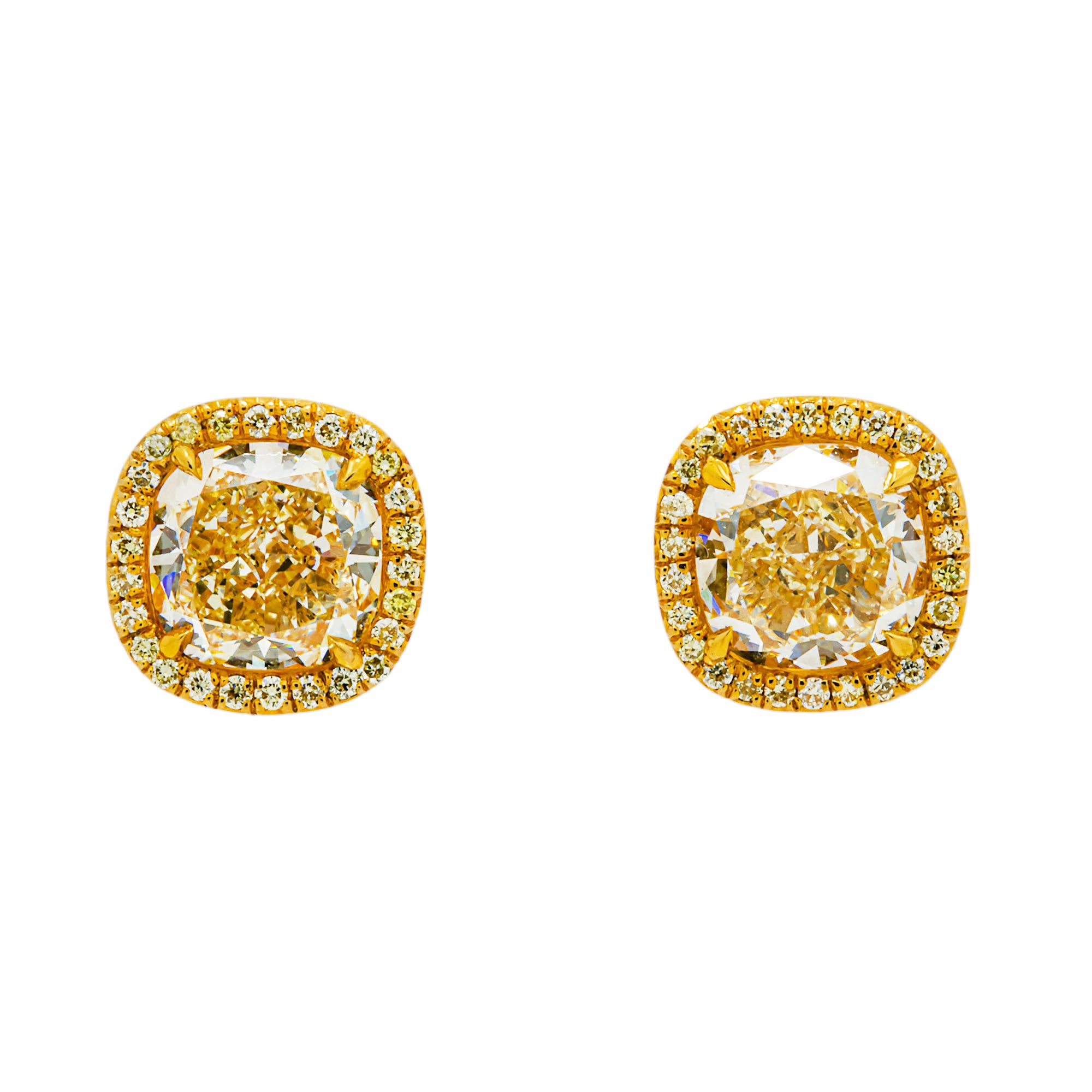 18K Yellow Gold Cushion Fancy Yellow Diamond Stud Earrings 7.29ctw
