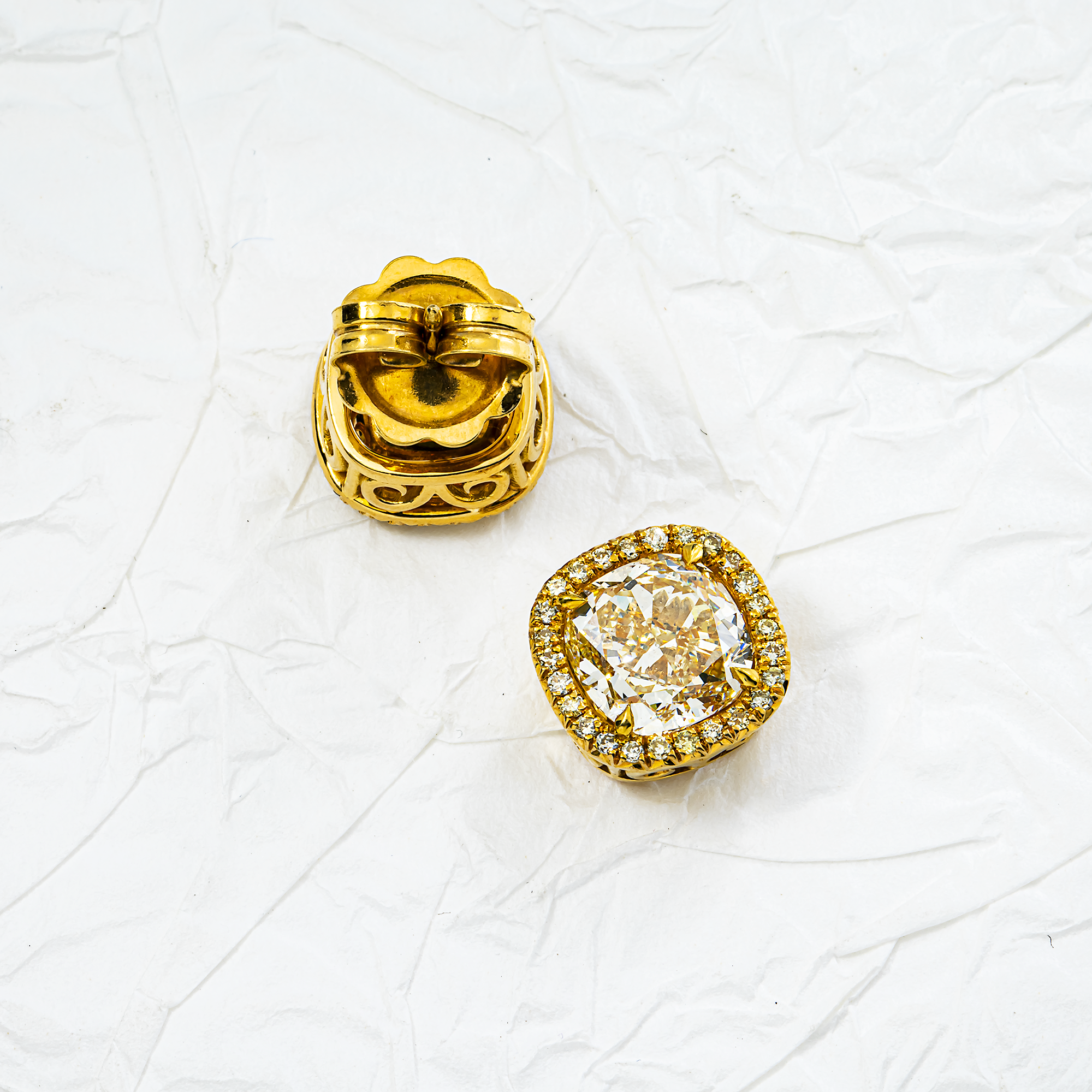 18K Yellow Gold Cushion Fancy Yellow Diamond Stud Earrings 7.29ctw