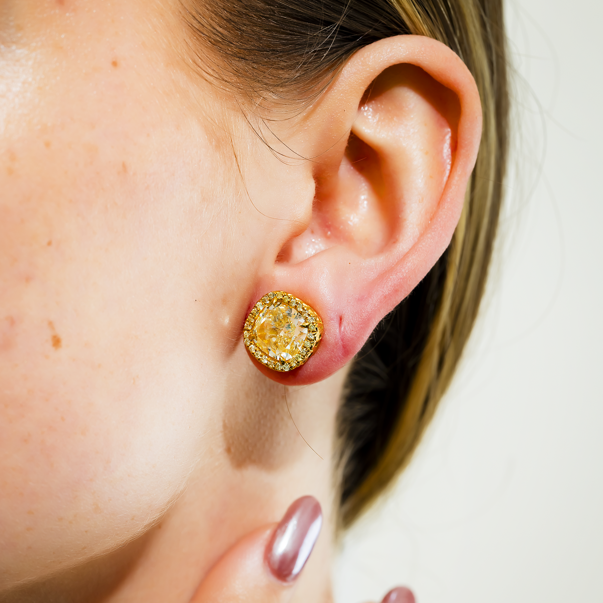 18K Yellow Gold Cushion Fancy Yellow Diamond Stud Earrings 7.29ctw