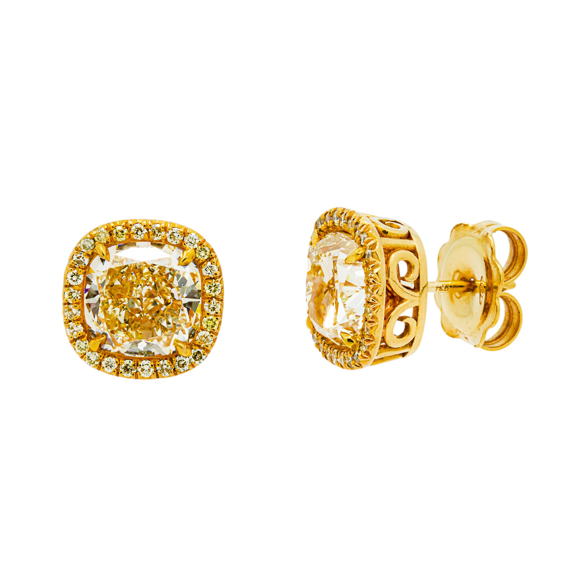 18K Yellow Gold Cushion Fancy Yellow Diamond Stud Earrings 7.29ctw