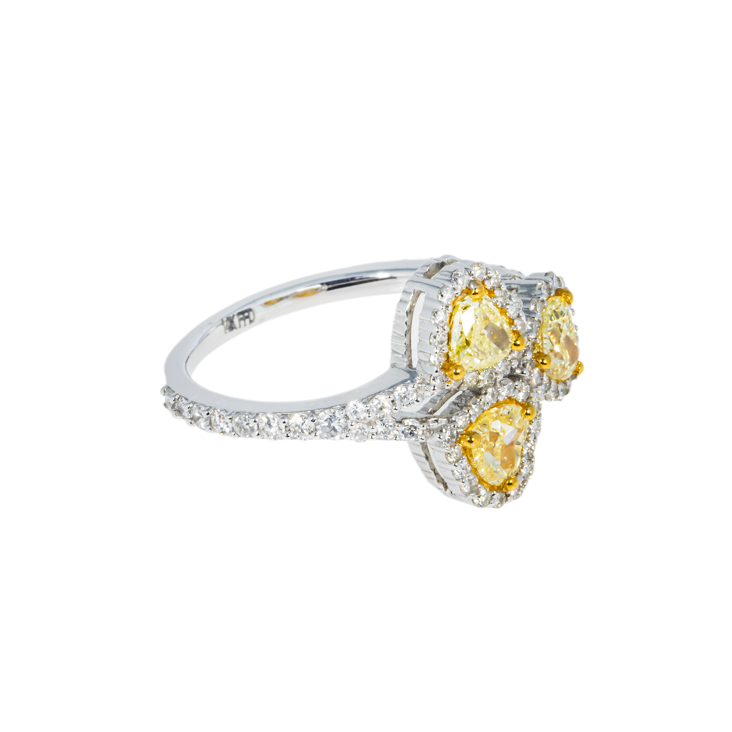 14K White Gold Triple Heart Cut Fancy Yellow Diamond Ring 1.66ct