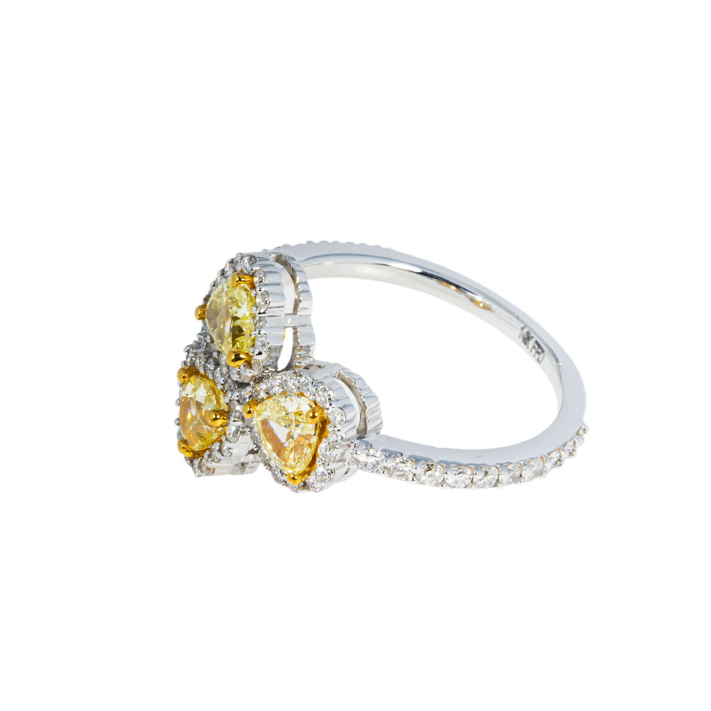 14K White Gold Triple Heart Cut Fancy Yellow Diamond Ring 1.66ct