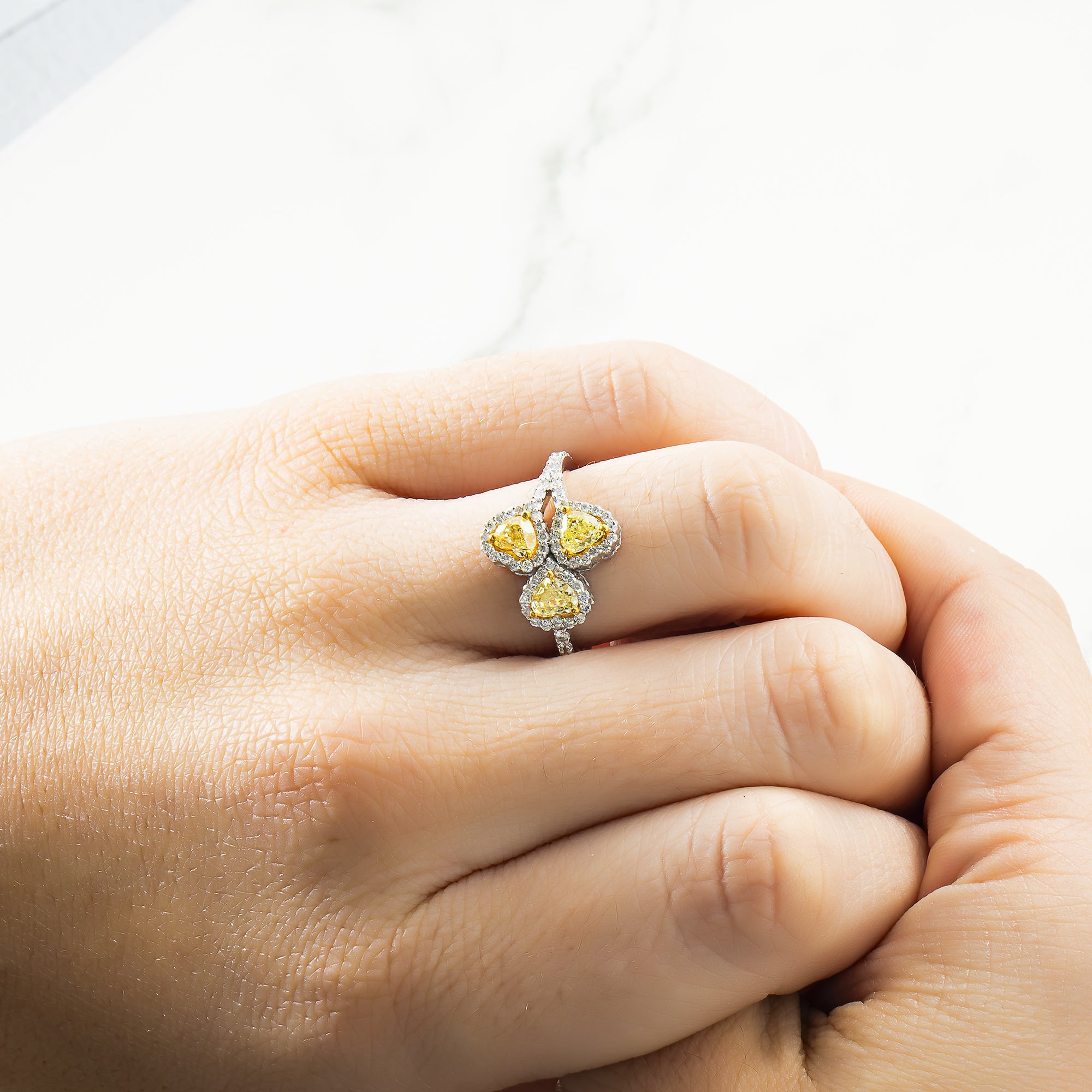 14K White Gold Triple Heart Cut Fancy Yellow Diamond Ring 1.66Ct Rings
