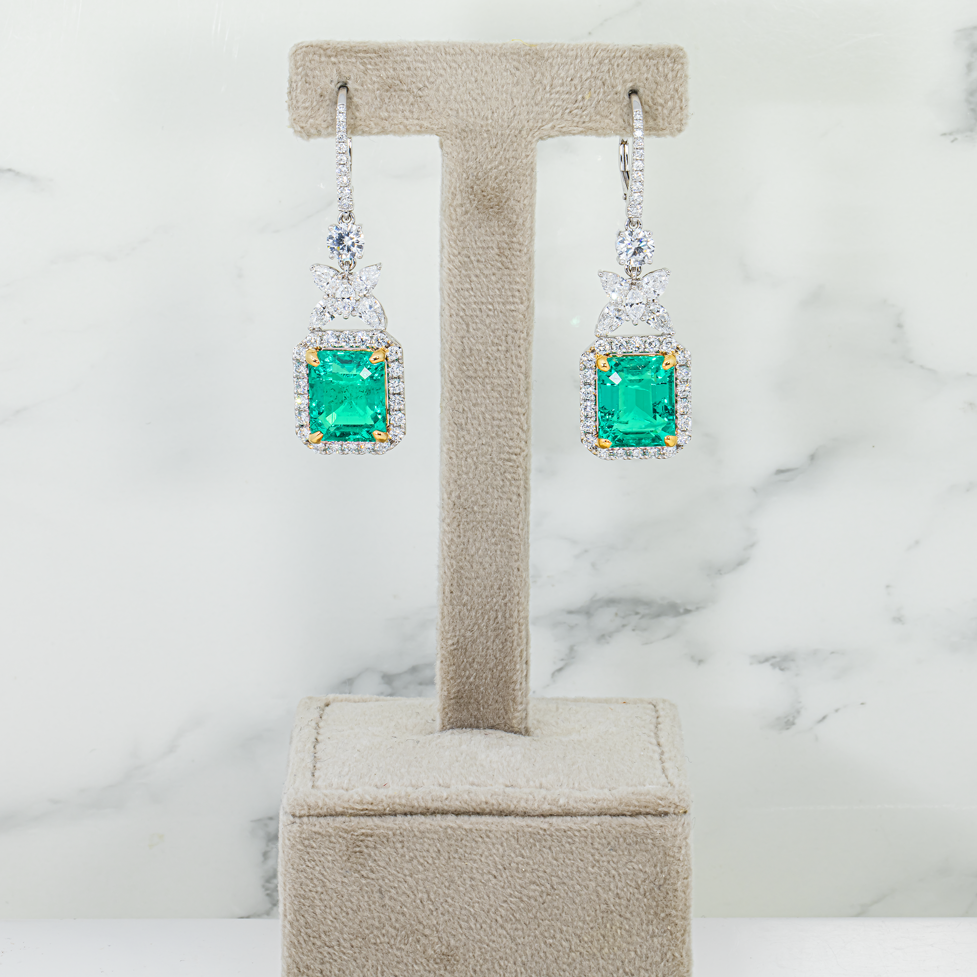 18K White Gold Emerald & Diamond Drop Earrings 17.25ctw