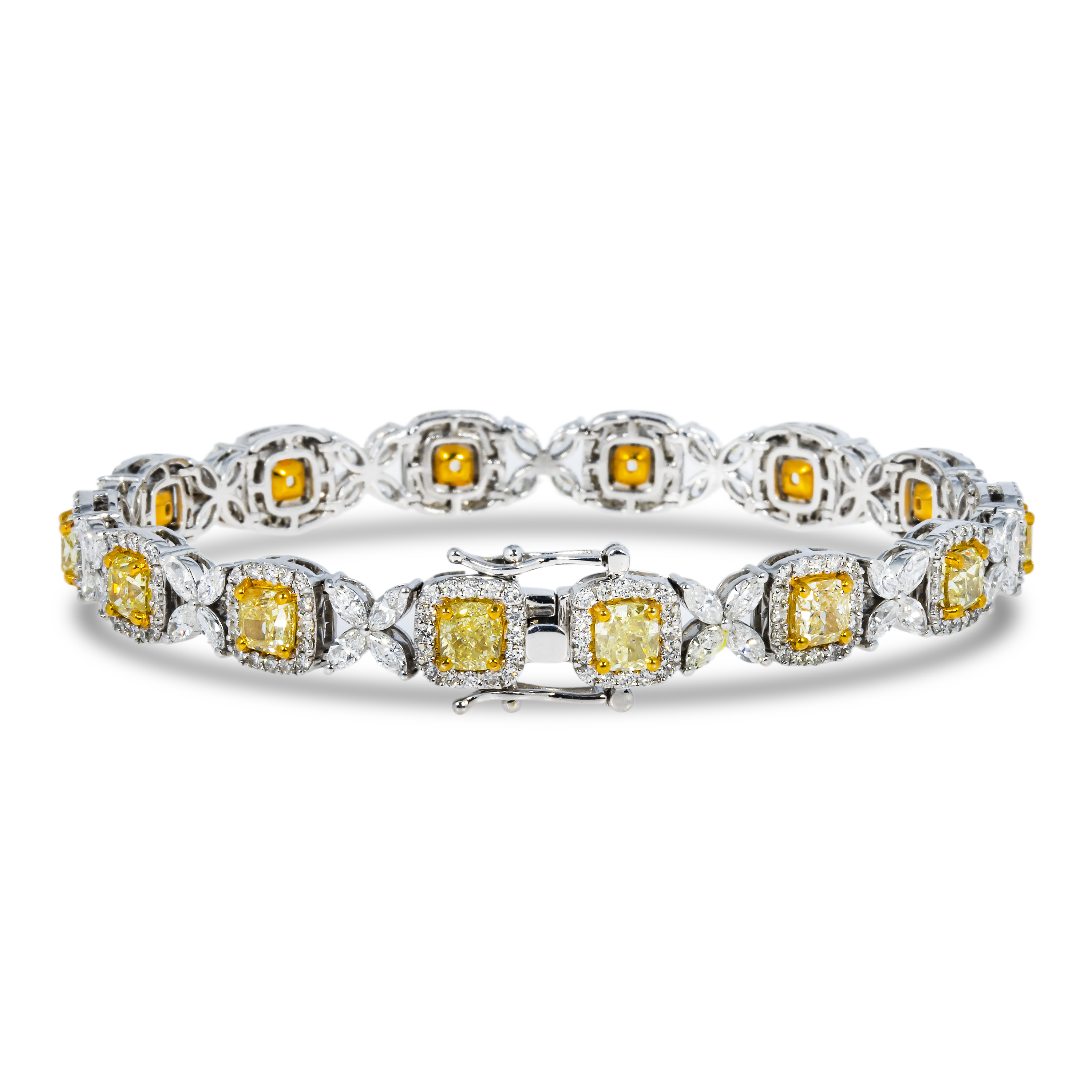 14K White Gold Cushion Cut Fancy Yellow Diamond Bracelet 12.46Ct Bracelets
