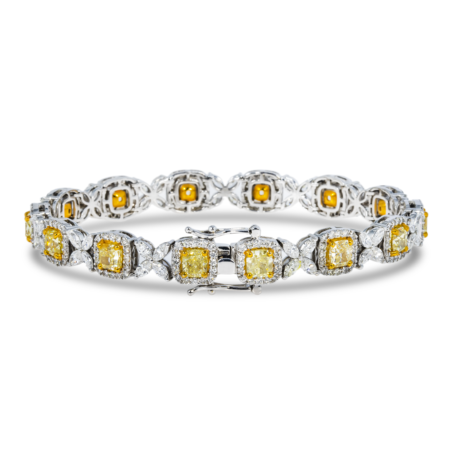 14K White Gold Cushion Cut Fancy Yellow Diamond Bracelet 12.46ct