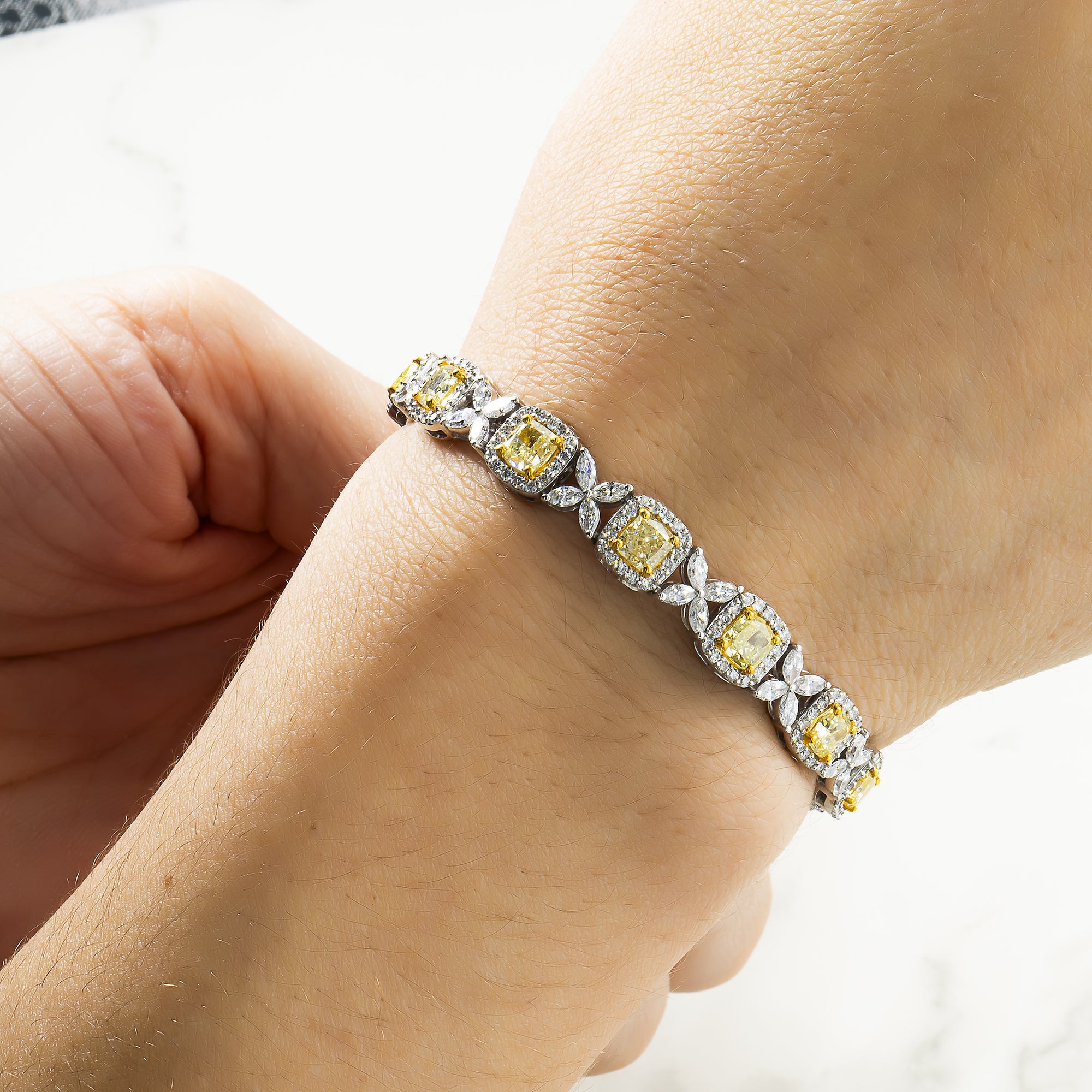 14K White Gold Cushion Cut Fancy Yellow Diamond Bracelet 12.46Ct Bracelets
