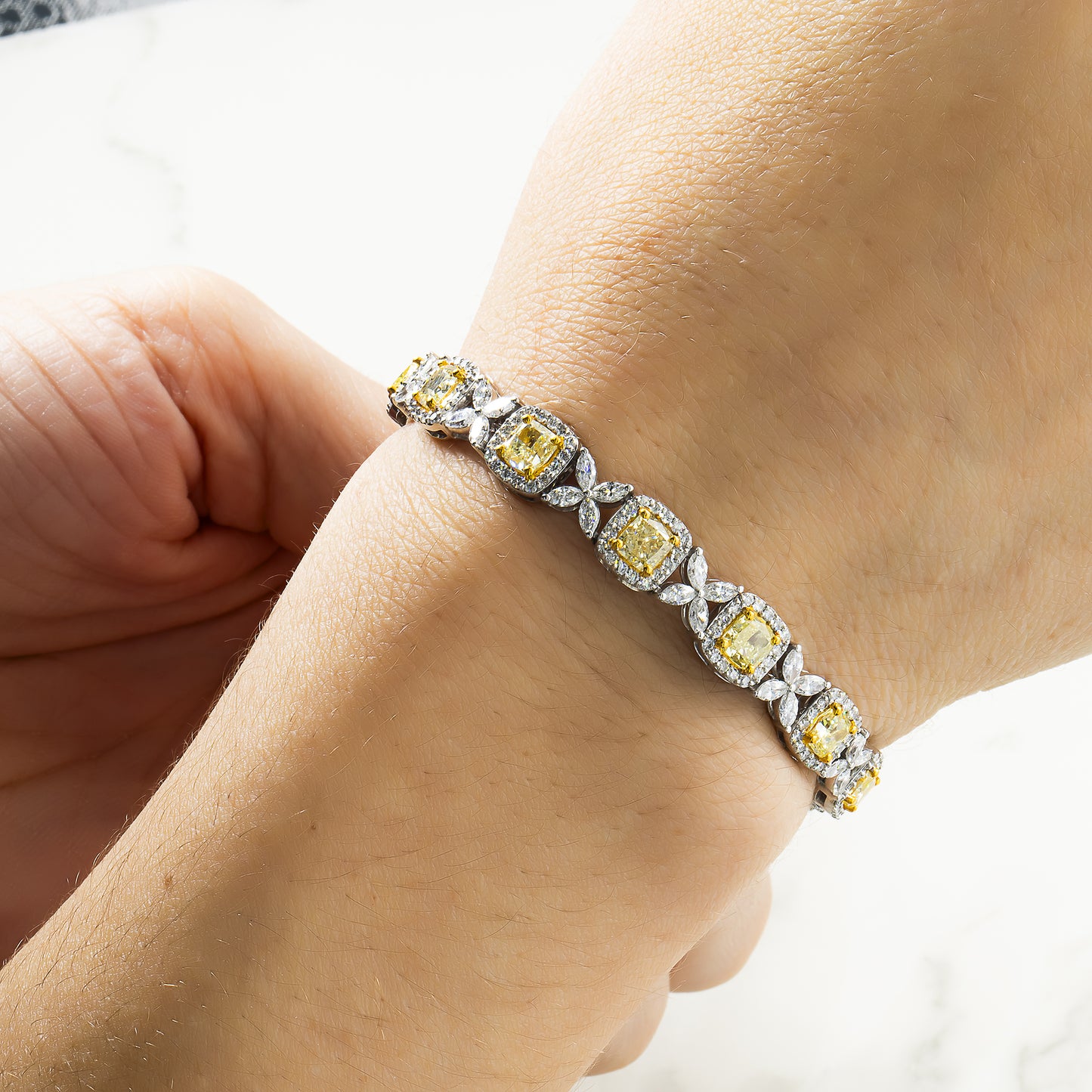 14K White Gold Cushion Cut Fancy Yellow Diamond Bracelet 12.46ct