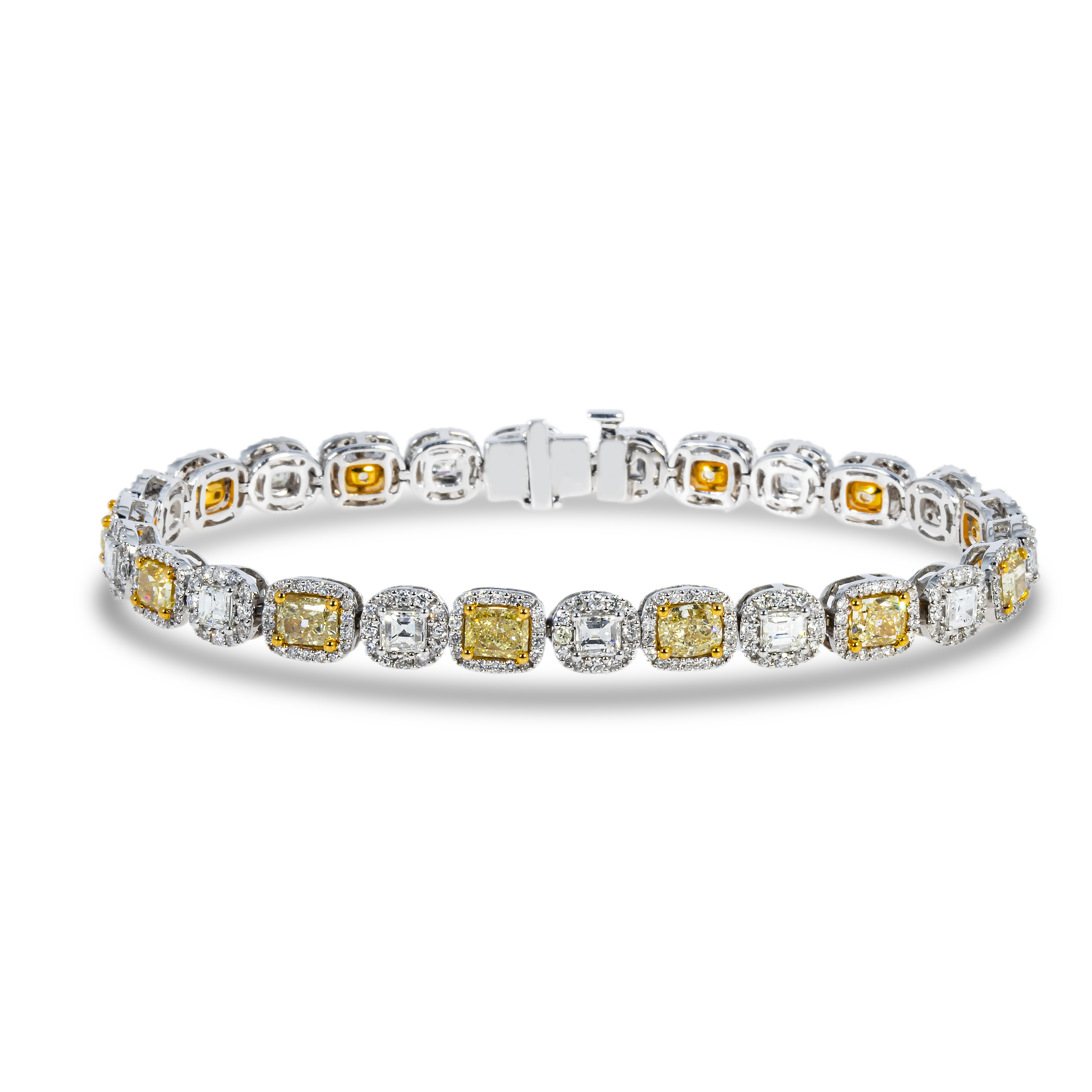 14K Two Tone Asscher & Cushion Cut Fancy Yellow Diamond Bracelet 11.62Ct Bracelets