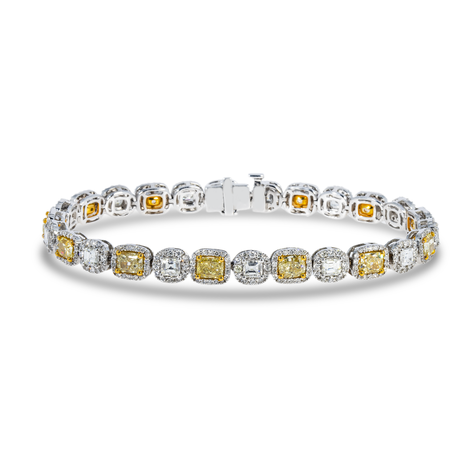 14K Two Tone Asscher & Cushion Cut Fancy Yellow Diamond Bracelet 11.62Ct Bracelets