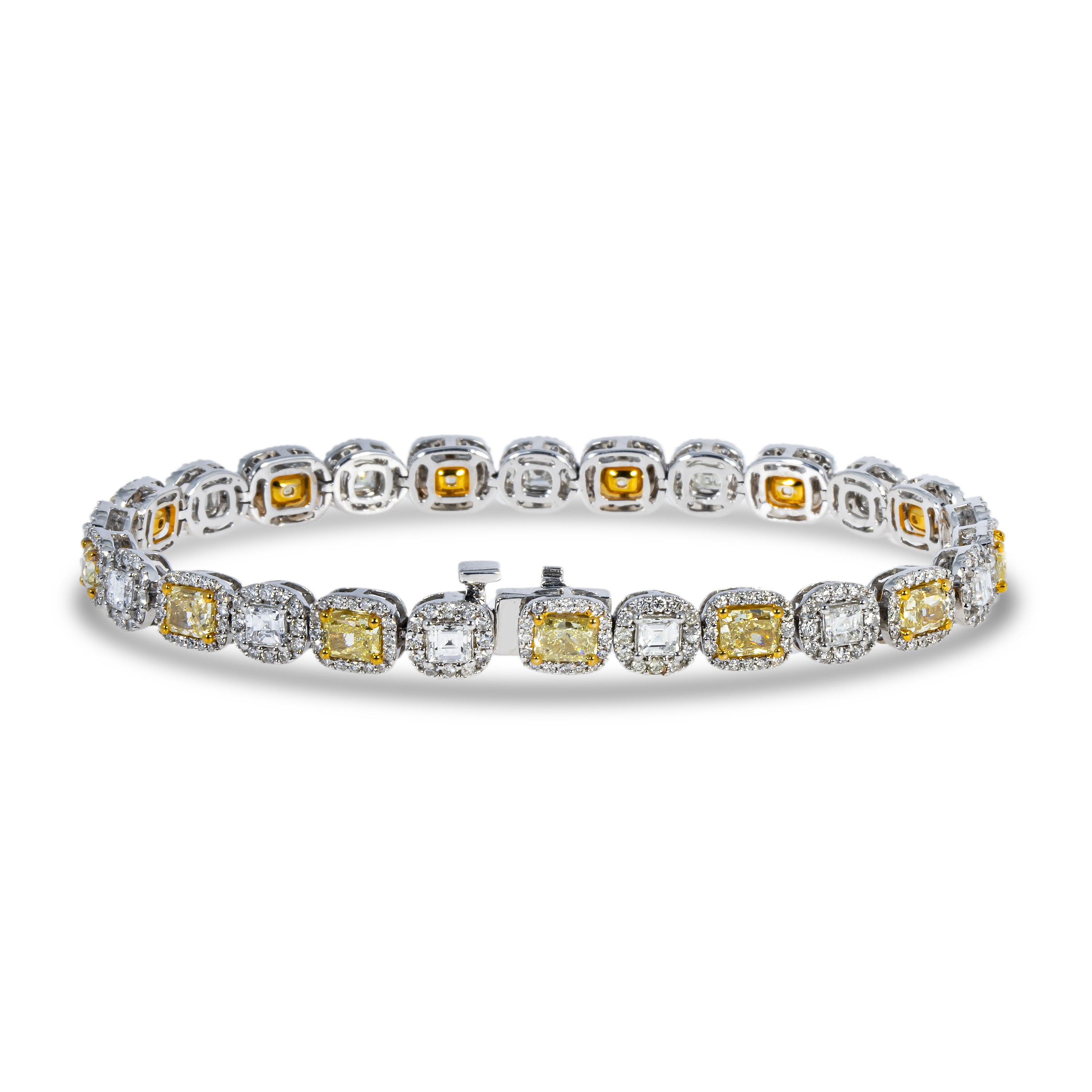 14K Two Tone Asscher & Cushion Cut Fancy Yellow Diamond Bracelet 11.62Ct Bracelets