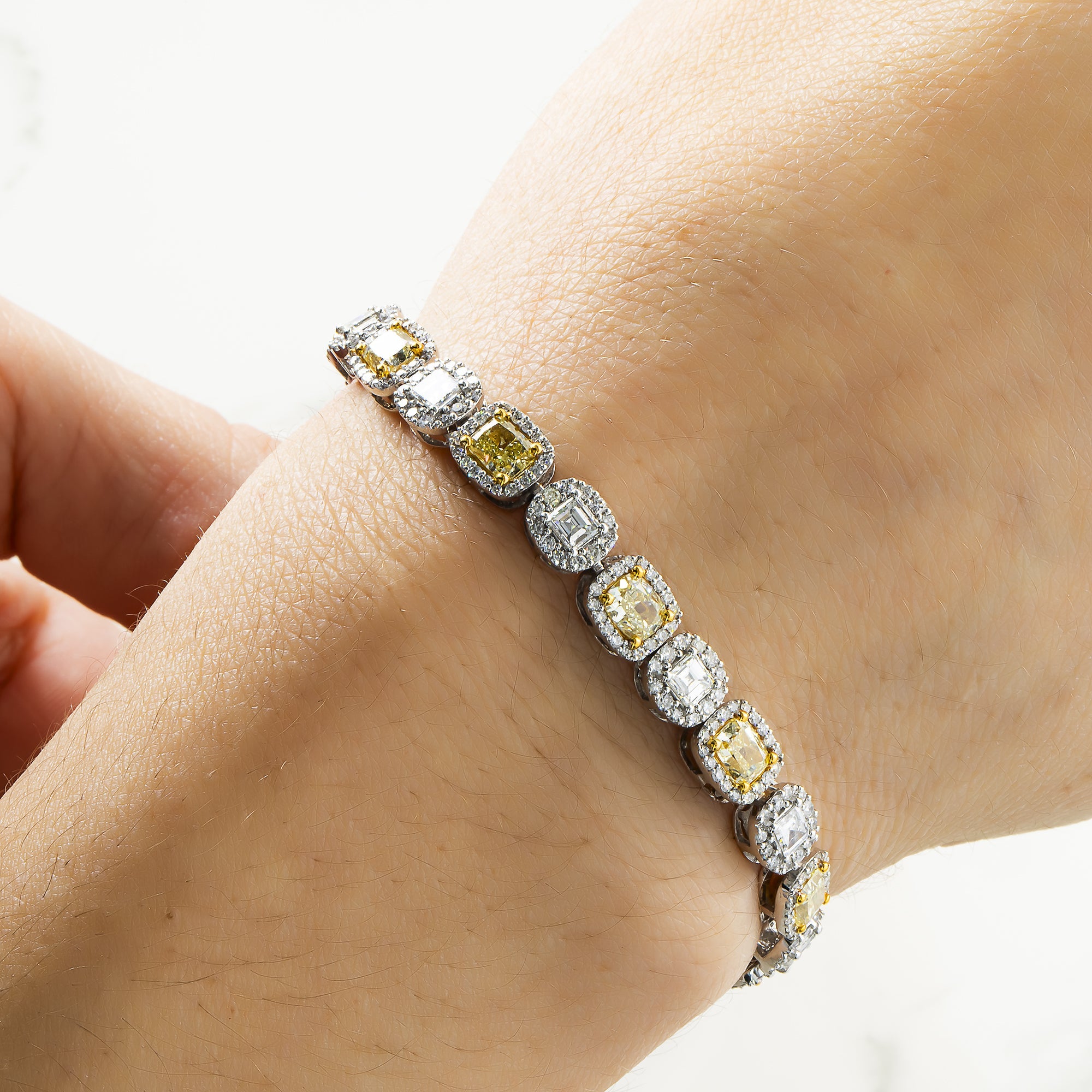 14K Two Tone Asscher & Cushion Cut Fancy Yellow Diamond Bracelet 11.62Ct Bracelets