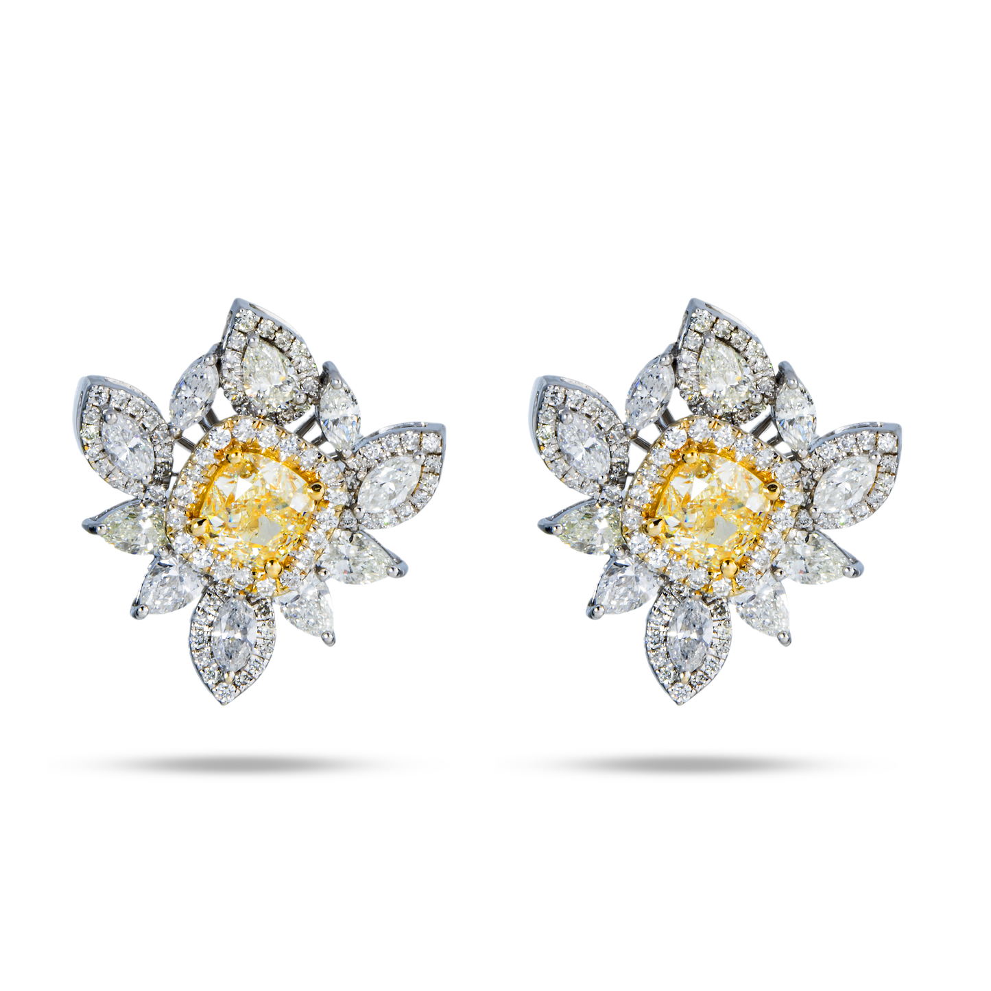 14K White Gold Cushion Cut Fancy Yellow Diamond Stud Earrings 5.16ctw