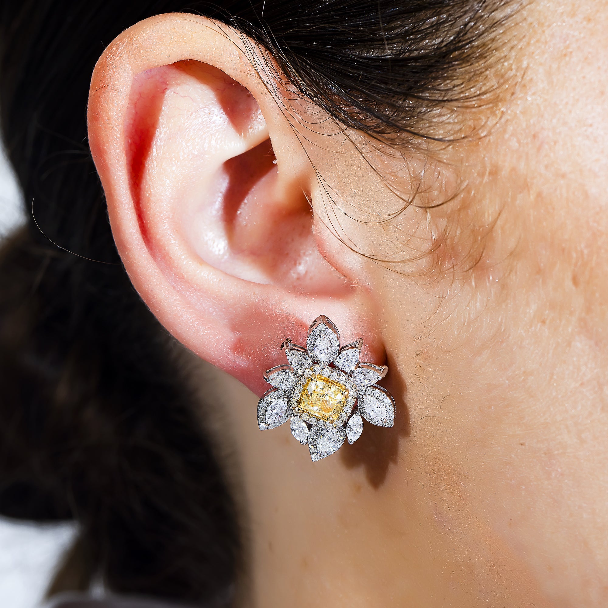 14K White Gold Cushion Cut Fancy Yellow Diamond Stud Earrings 5.16Ctw
