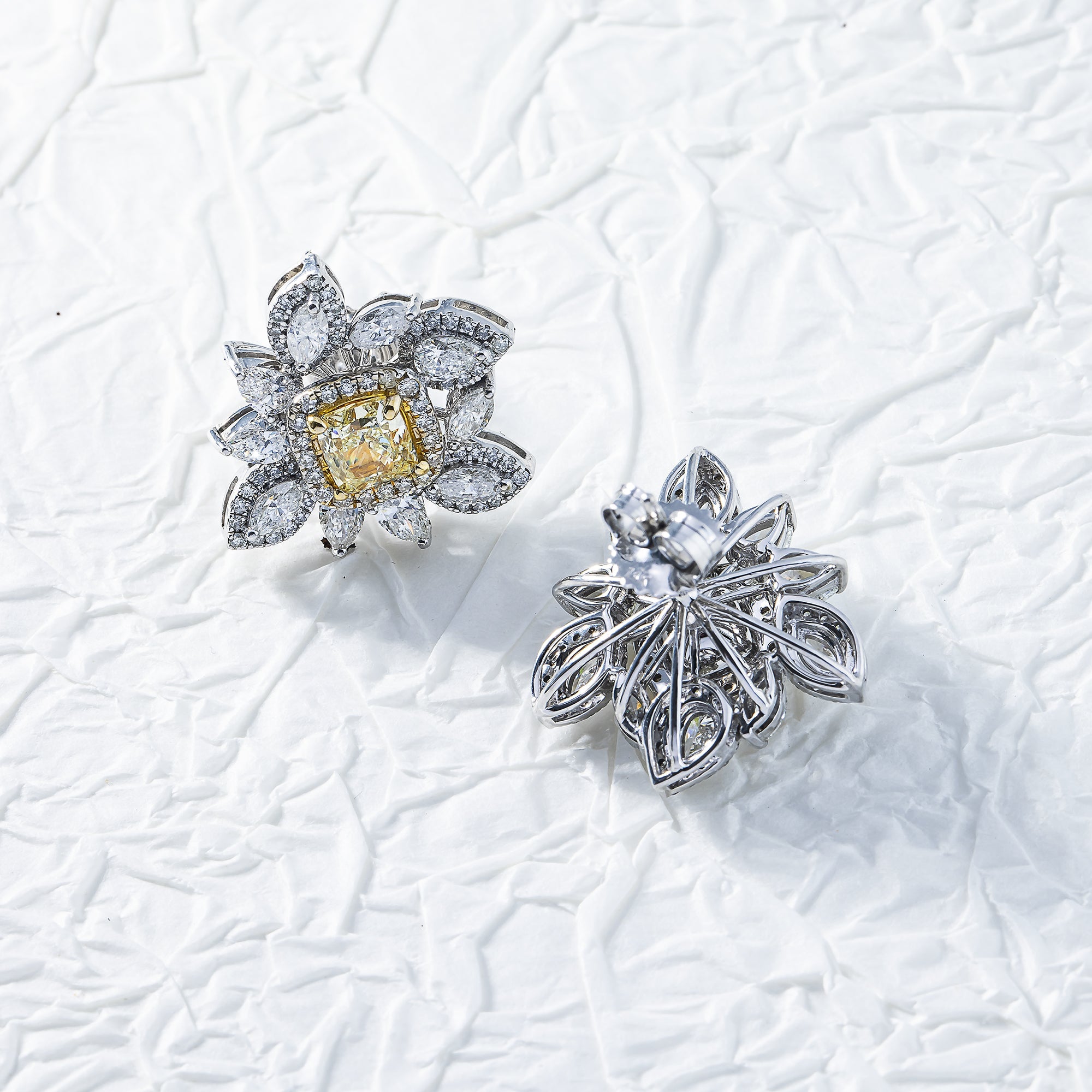 14K White Gold Cushion Cut Fancy Yellow Diamond Stud Earrings 5.16Ctw