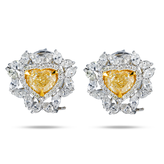 14K White Gold Heart Cut Fancy Yellow Diamond Stud Earrings 5.30Ctw