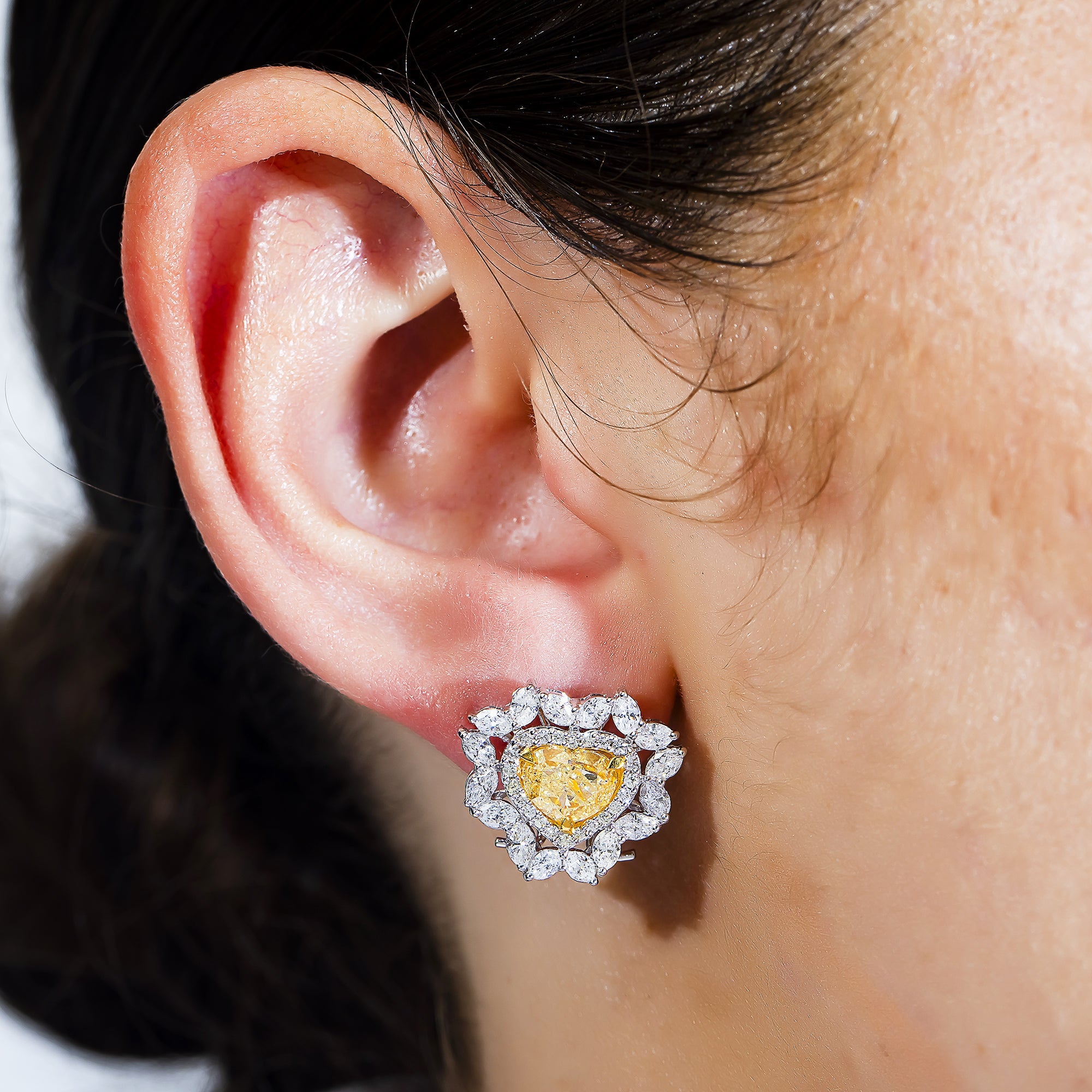 14K White Gold Heart Cut Fancy Yellow Diamond Stud Earrings 5.30Ctw