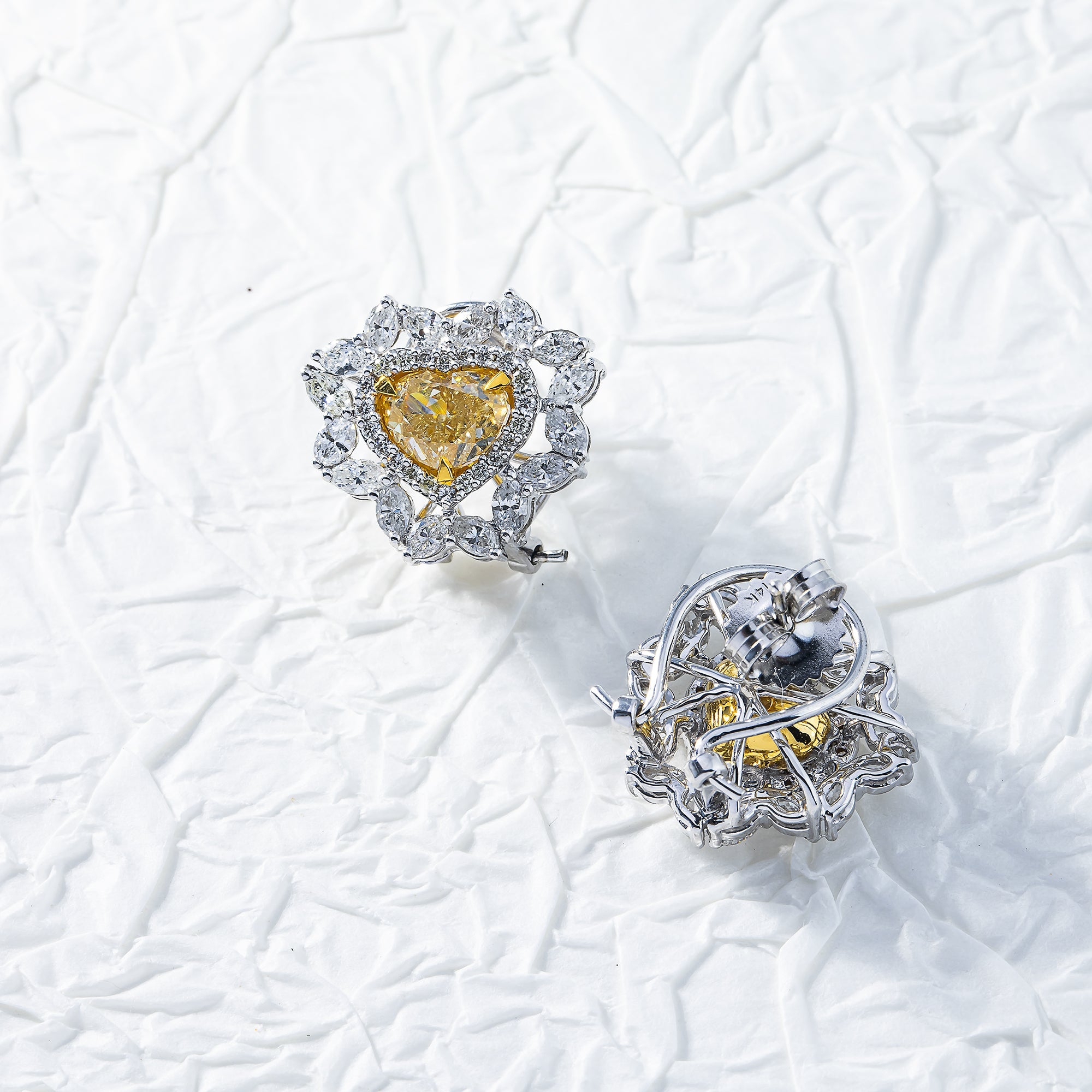 14K White Gold Heart Cut Fancy Yellow Diamond Stud Earrings 5.30Ctw
