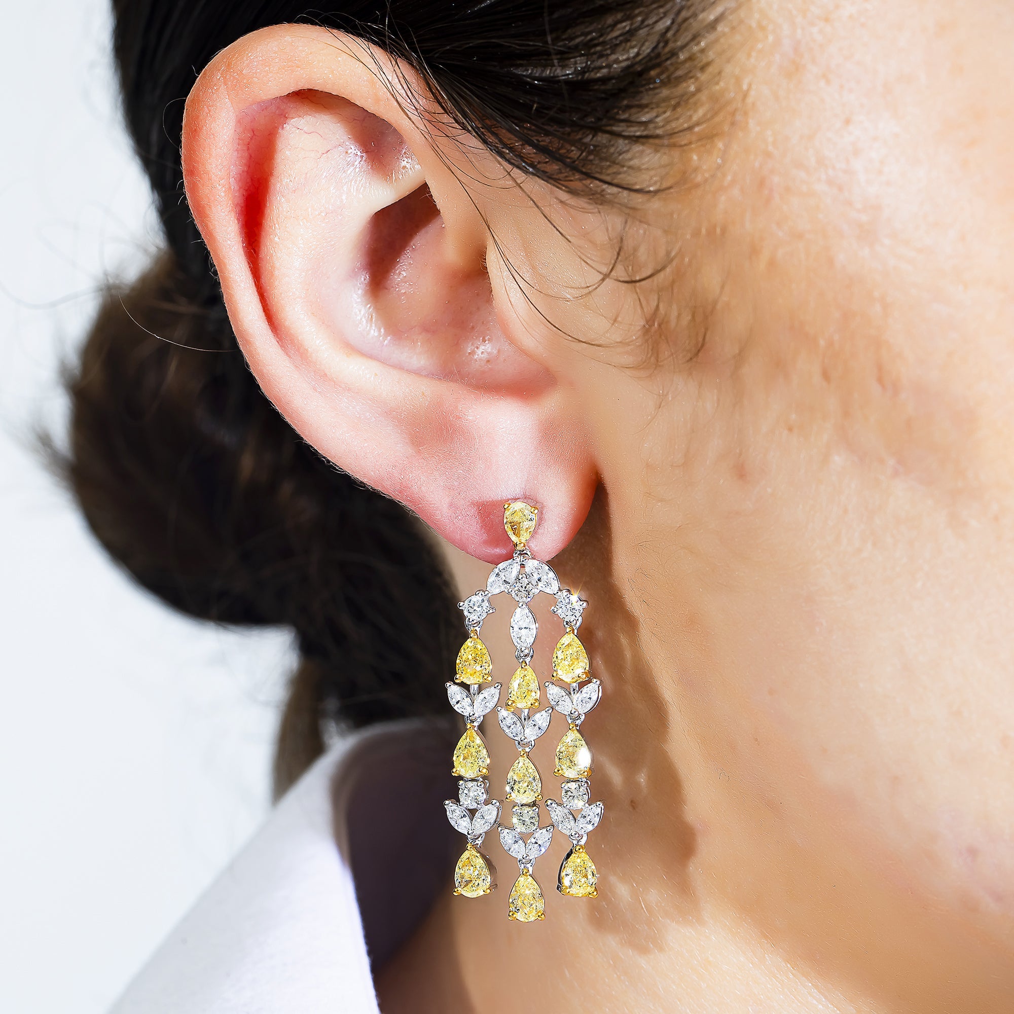 14K White Gold Pear Cut Fancy Yellow Diamond Chandelier Drop Earrings 8.82Ct