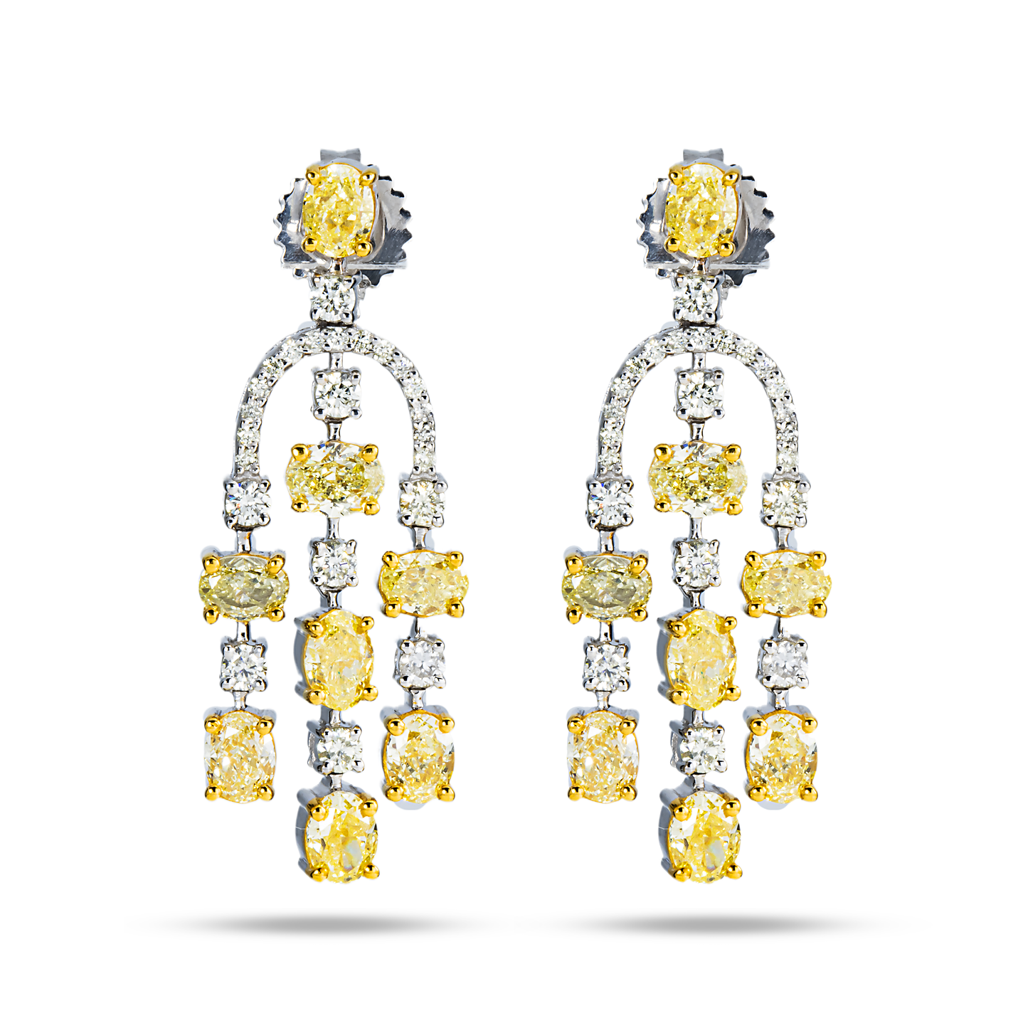 14K White Gold Oval Cut Fancy Yellow Diamond Chandelier Drop Earrings 5.38ctw