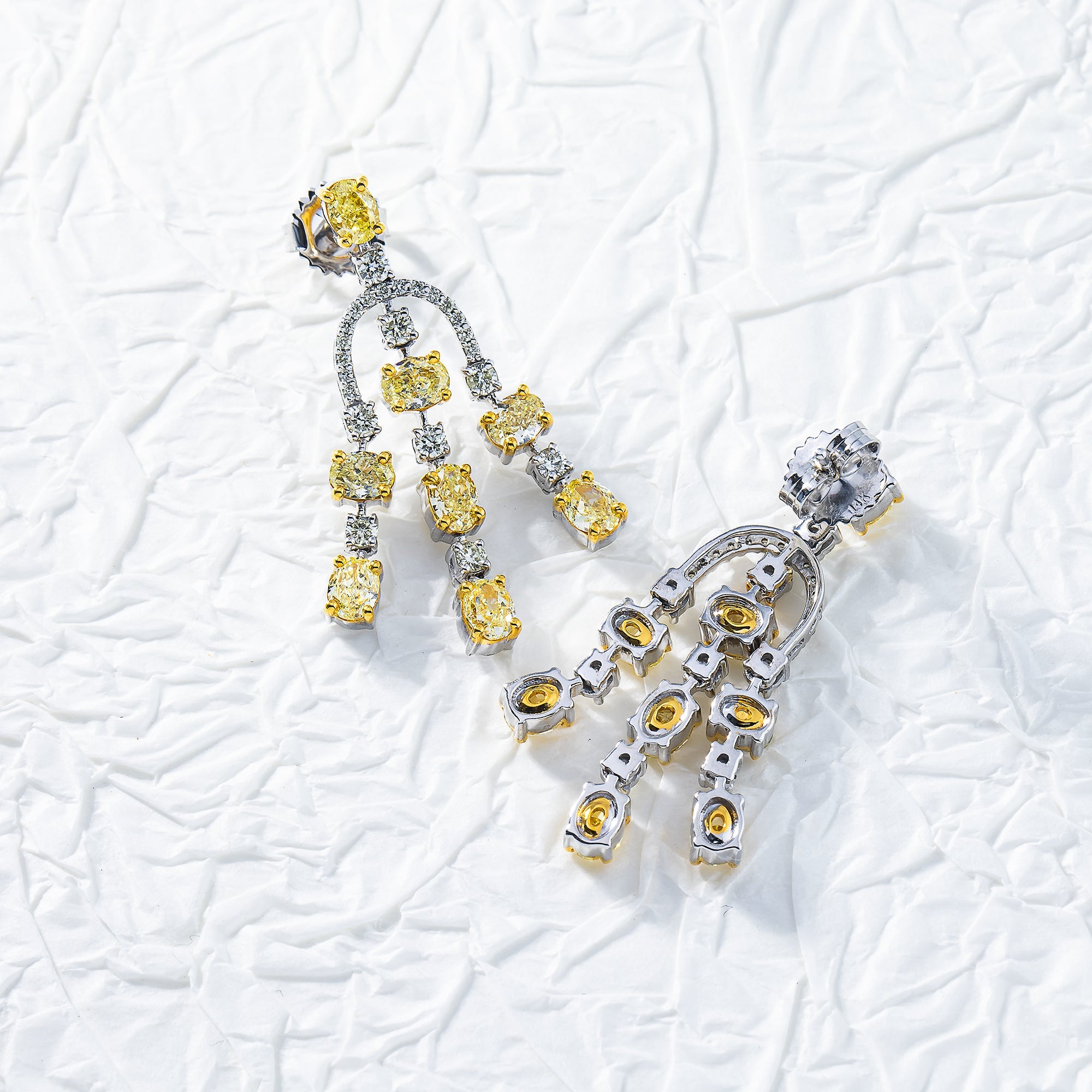 14K White Gold Oval Cut Fancy Yellow Diamond Chandelier Drop Earrings 5.38Ctw